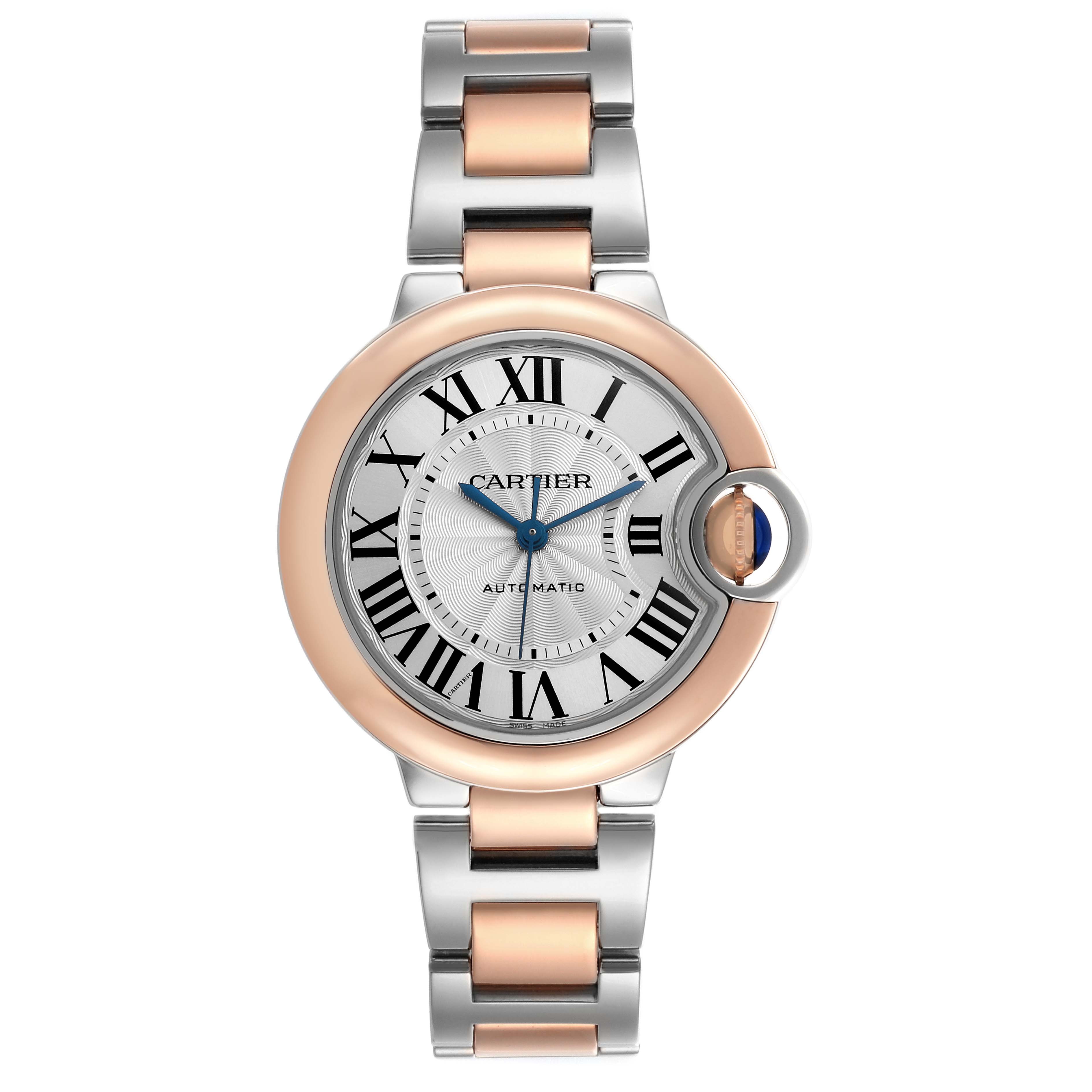The Cartier Ballon Bleu W2BB0023 Women
s Steel and Gold (two tone) Silver Dial W2BB0023 Women
s Steel and Gold (two tone) Silver Dial watch is shown from the front, displaying its dial, Roman numerals, and metal bracelet.