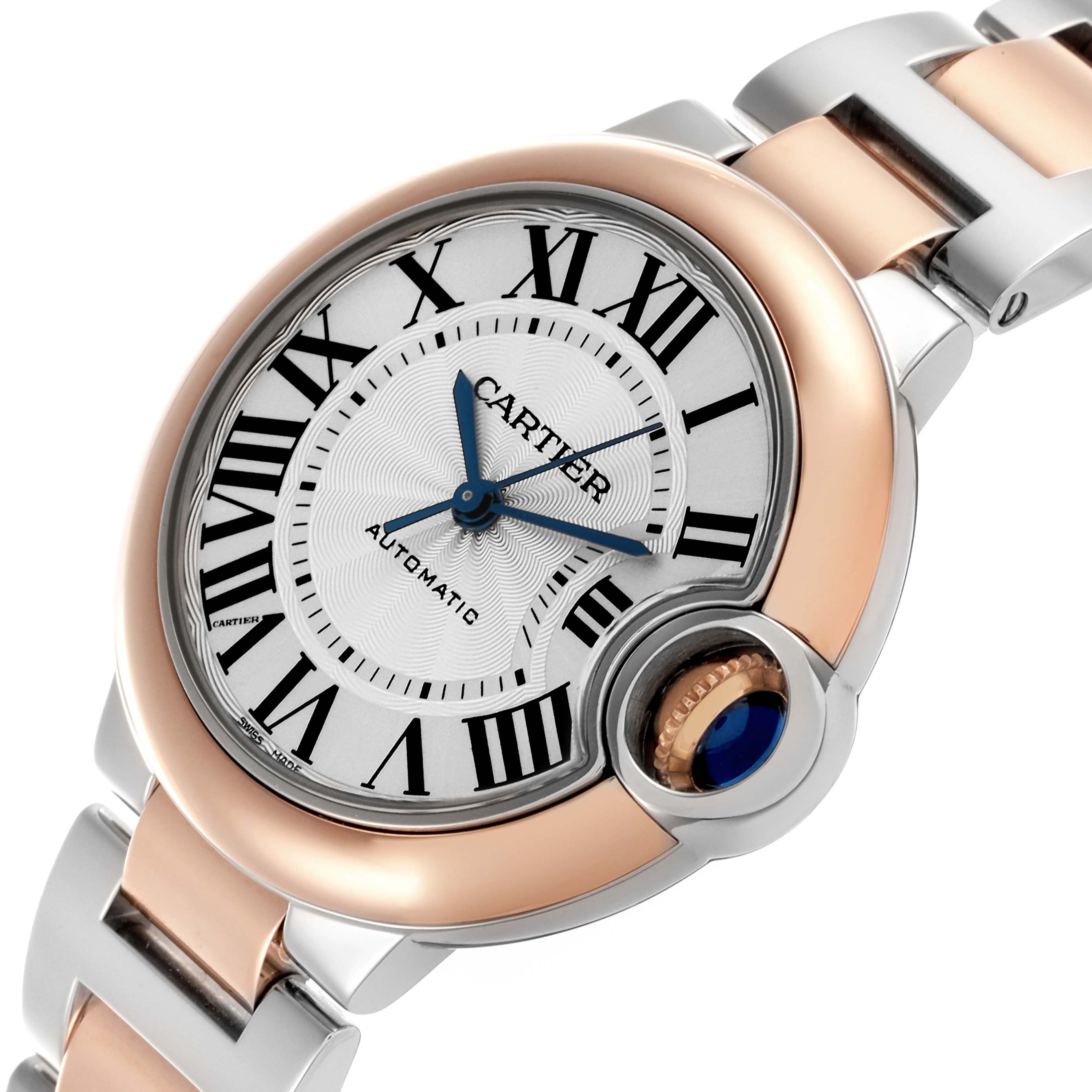 The Cartier Ballon Bleu W2BB0023 Women
s Steel and Gold (two tone) Silver Dial W2BB0023 Women
s Steel and Gold (two tone) Silver Dial watch is shown at a slight angle highlighting the face, crown, and part of the bracelet.