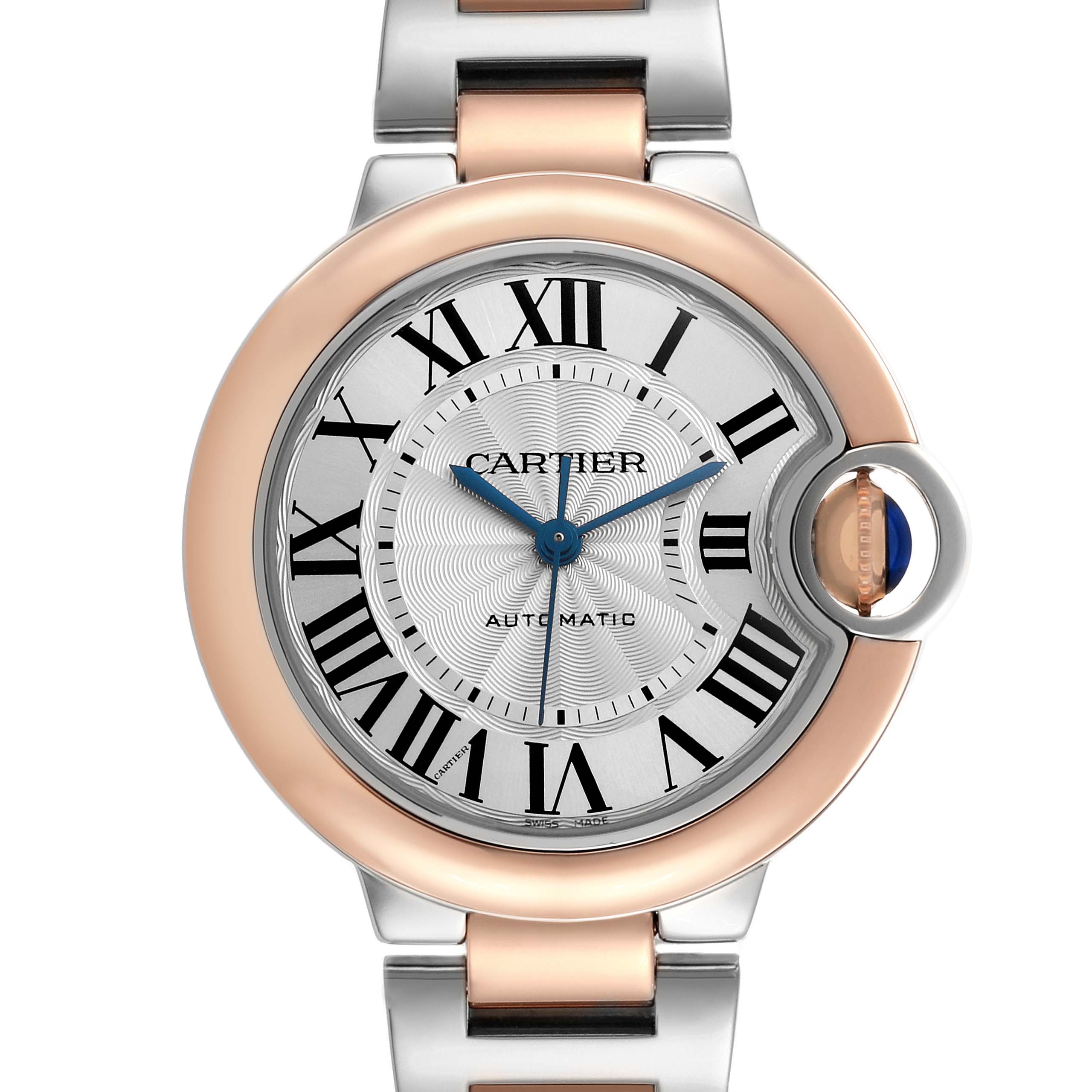 The Cartier Ballon Bleu W2BB0023 Women
s Steel and Gold (two tone) Silver Dial W2BB0023 Women
s Steel and Gold (two tone) Silver Dial watch is shown from a top view, displaying the face, crown, and upper bracelet links.