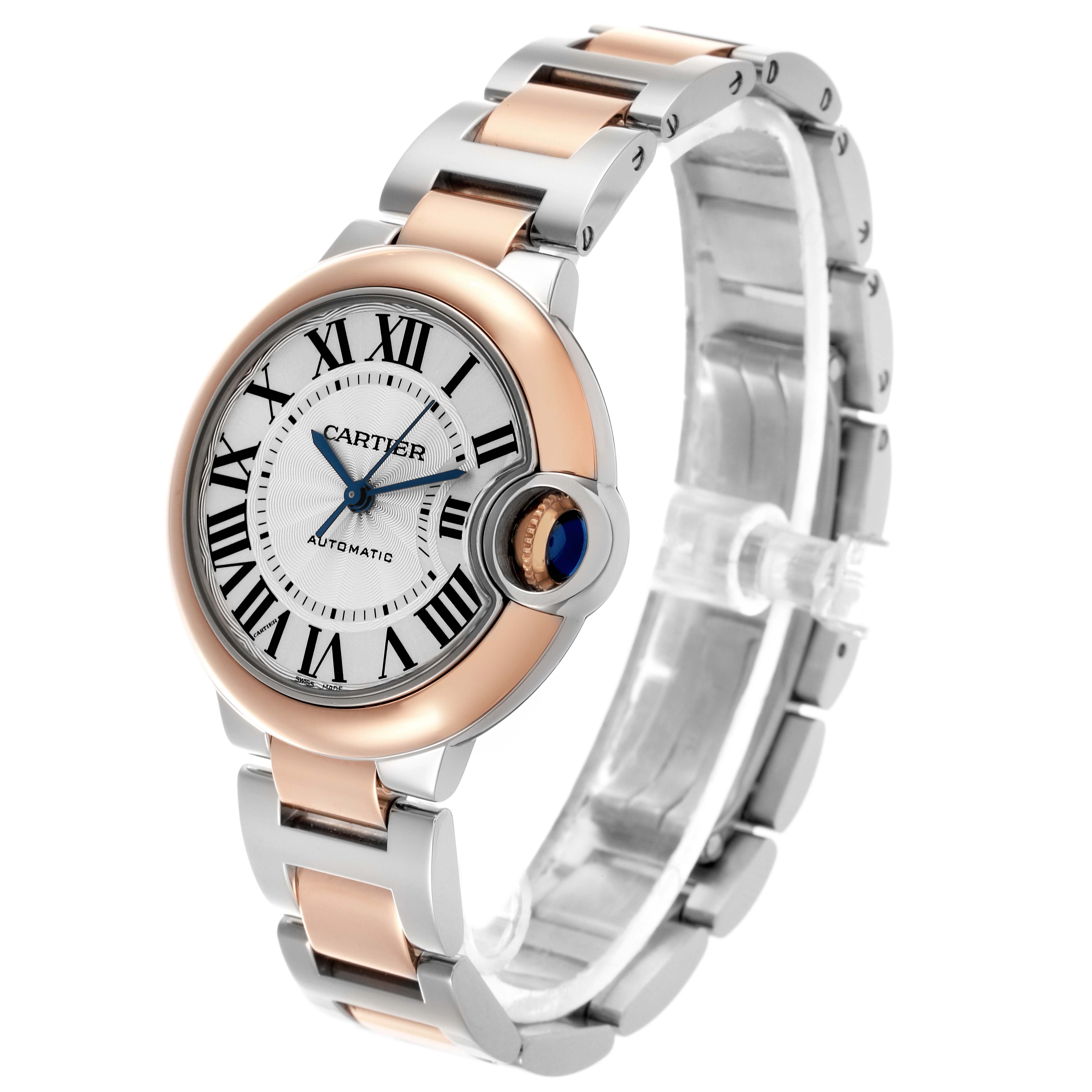 The Cartier Ballon Bleu W2BB0023 Women
s Steel and Gold (two tone) Silver Dial W2BB0023 Women
s Steel and Gold (two tone) Silver Dial watch is shown at a slight angle highlighting the dial, crown, and mixed metal bracelet.