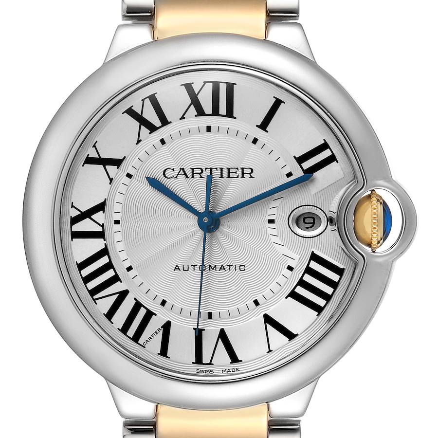 The Ballon Bleu de Cartier watch is shown from a front angle, displaying the face, crown, and part of the strap.