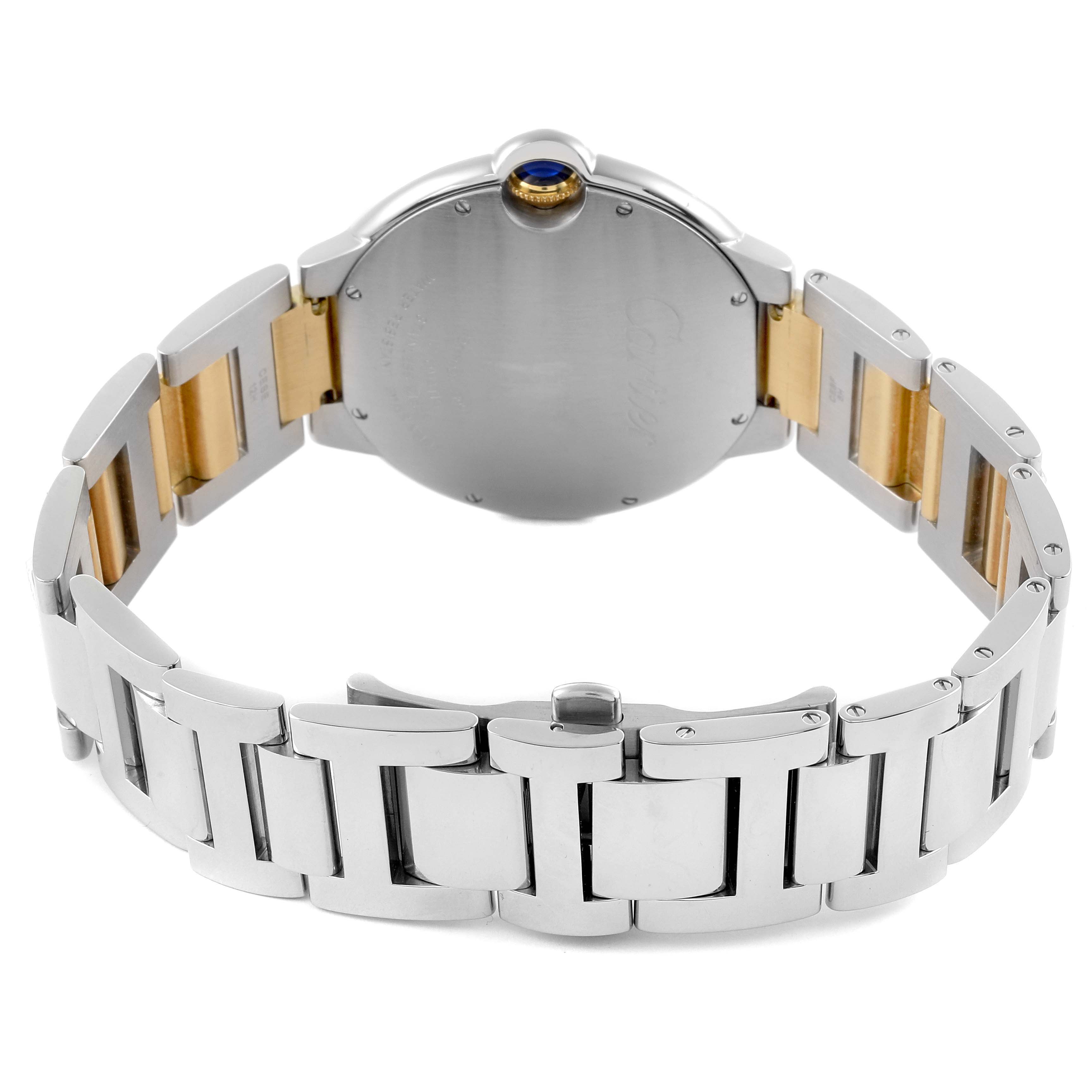 The image shows the back of the Cartier Ballon Bleu W69009Z3 Men's Steel and Gold (two tone) Silver Dial W69009Z3 Men's Steel and Gold (two tone) Silver Dial watch, highlighting the bracelet and crown from a rear angle.