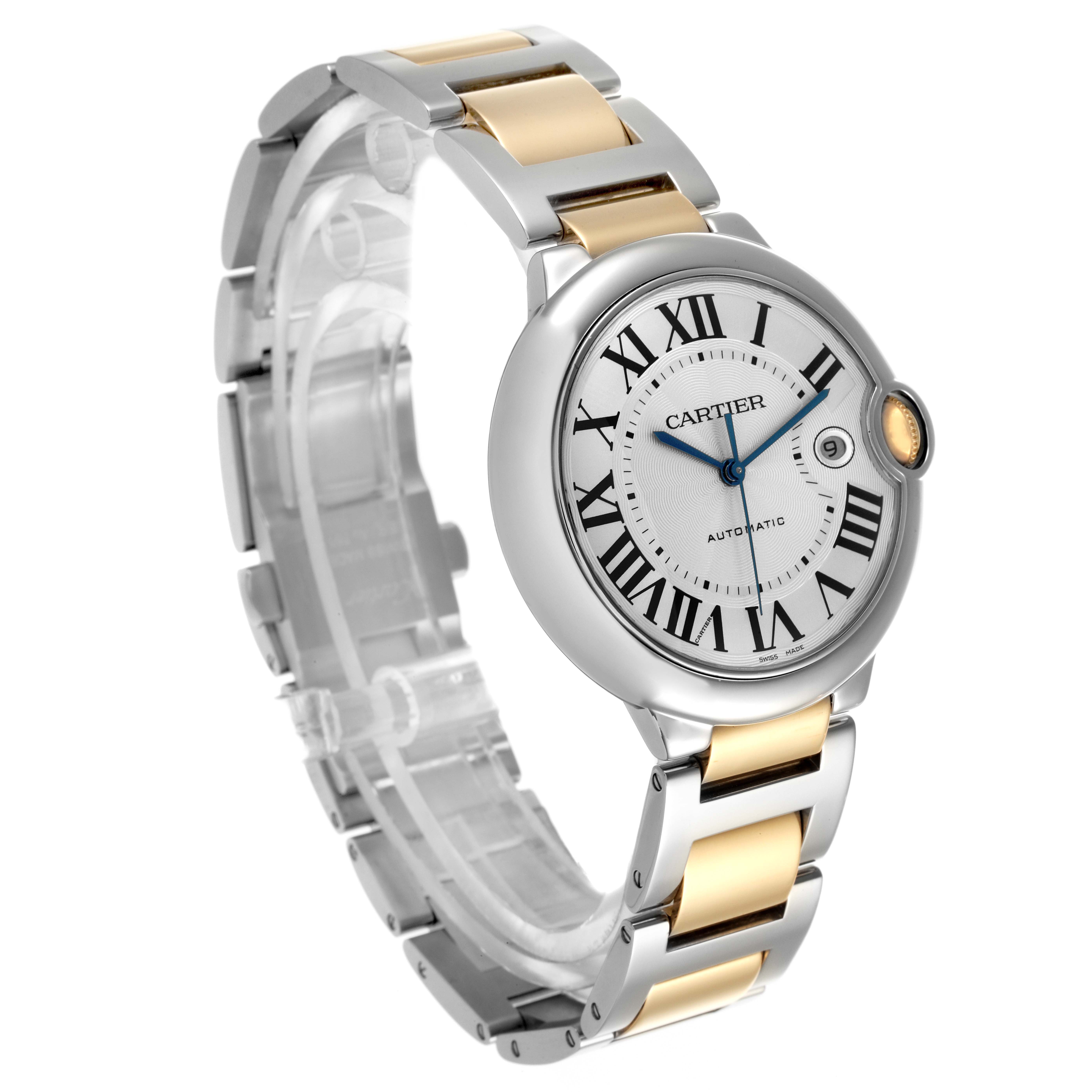 The Cartier Ballon Bleu W69009Z3 Men's Steel and Gold (two tone) Silver Dial W69009Z3 Men's Steel and Gold (two tone) Silver Dial watch is shown at a three-quarter angle, highlighting the face, bezel, and metal bracelet.