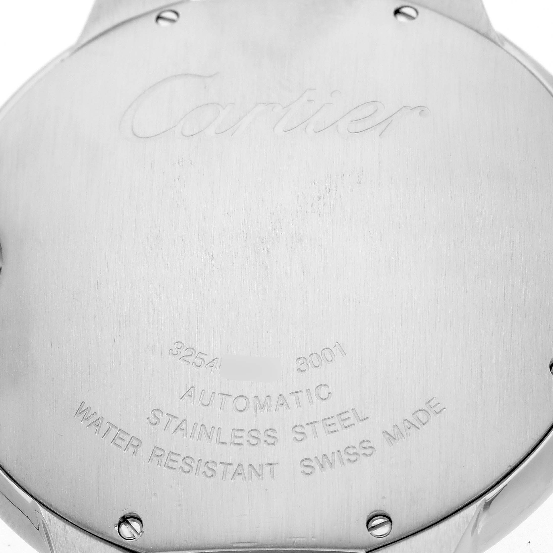 The image shows the back of a Cartier Ballon Bleu W69009Z3 Men's Steel and Gold (two tone) Silver Dial W69009Z3 Men's Steel and Gold (two tone) Silver Dial watch, featuring engraved details on its stainless steel case.