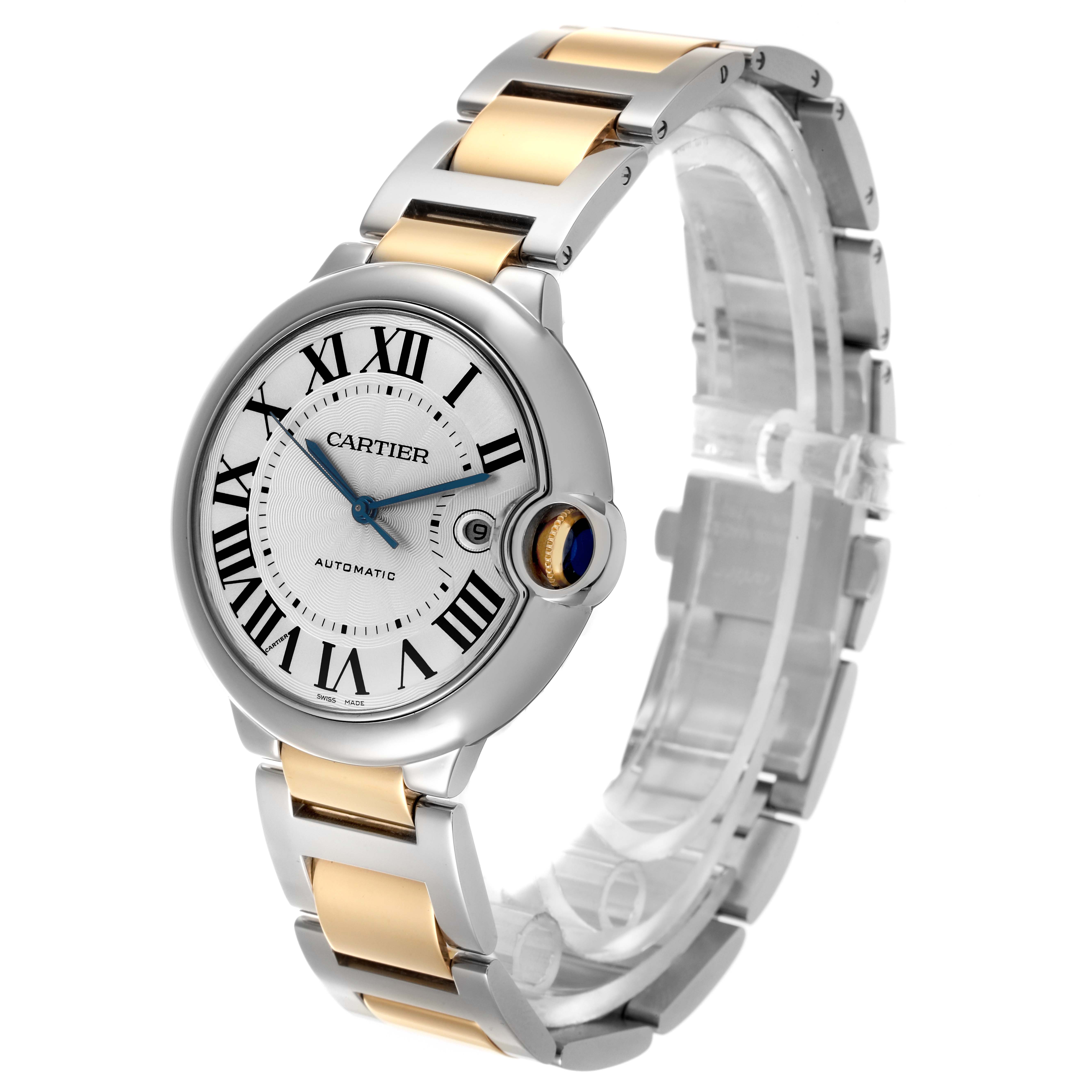 The Cartier Ballon Bleu W69009Z3 Men's Steel and Gold (two tone) Silver Dial W69009Z3 Men's Steel and Gold (two tone) Silver Dial watch is shown at a three-quarter angle, highlighting its round case, Roman numerals, and two-tone bracelet.