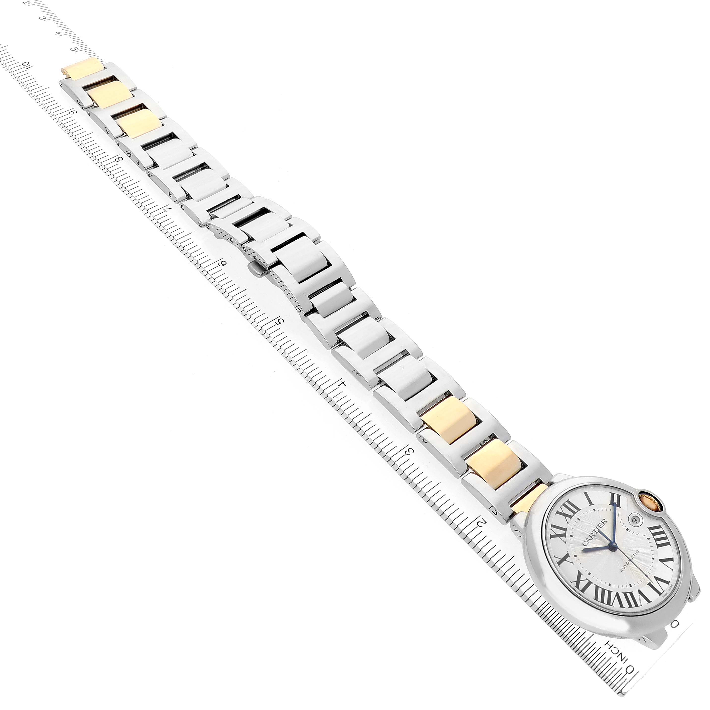 The image shows a Cartier Ballon Bleu W69009Z3 Men's Steel and Gold (two tone) Silver Dial W69009Z3 Men's Steel and Gold (two tone) Silver Dial watch at an angle, highlighting the watch face and two-tone bracelet.