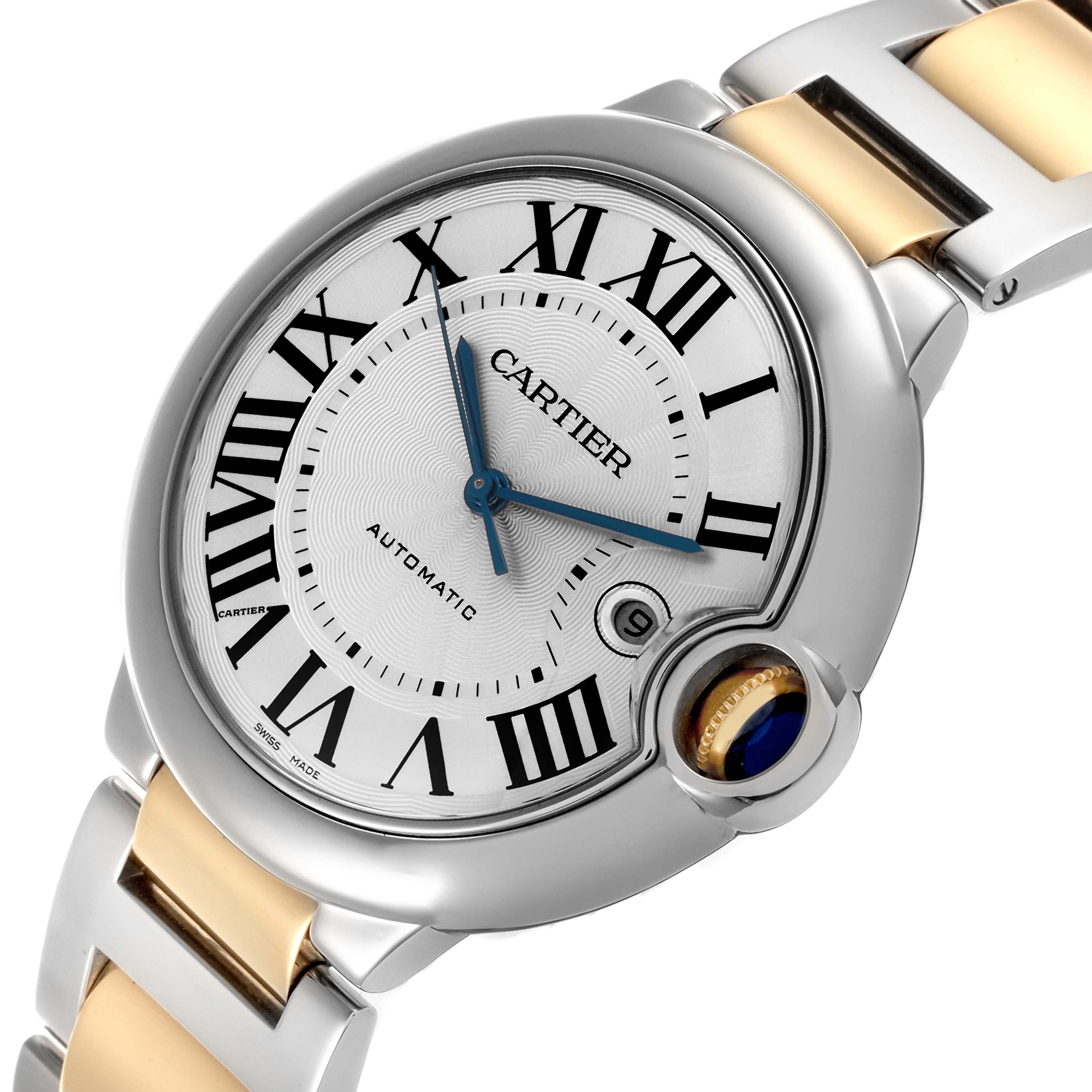 The Cartier Ballon Bleu W69009Z3 Men's Steel and Gold (two tone) Silver Dial W69009Z3 Men's Steel and Gold (two tone) Silver Dial watch is shown at an angled view, highlighting the face, crown, and two-tone bracelet.