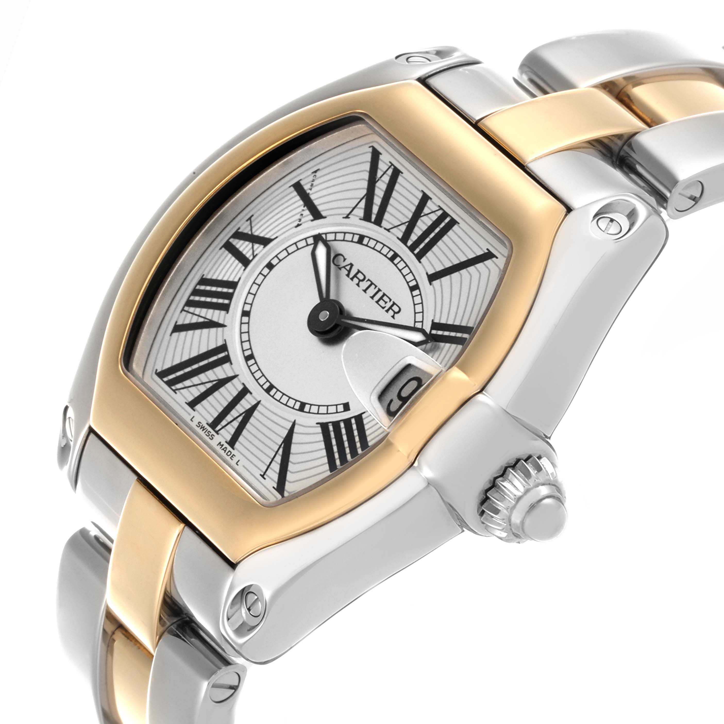 The Cartier Roadster W62026Y4 Women
s Steel and Gold (two tone) Silver Dial W62026Y4 Women
s Steel and Gold (two tone) Silver Dial watch is shown from a top-side angle, highlighting the dial, crown, and part of the bracelet.