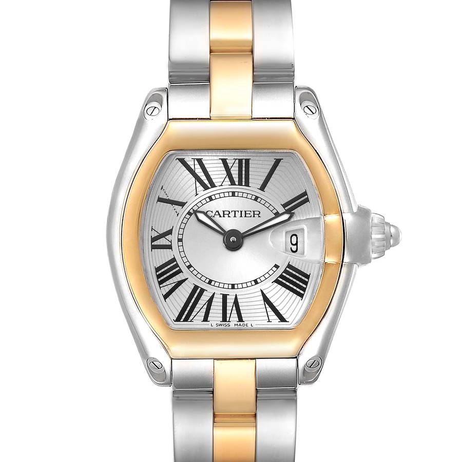 The Cartier Roadster watch is shown from the front, highlighting its face, bezel, and part of the bracelet.