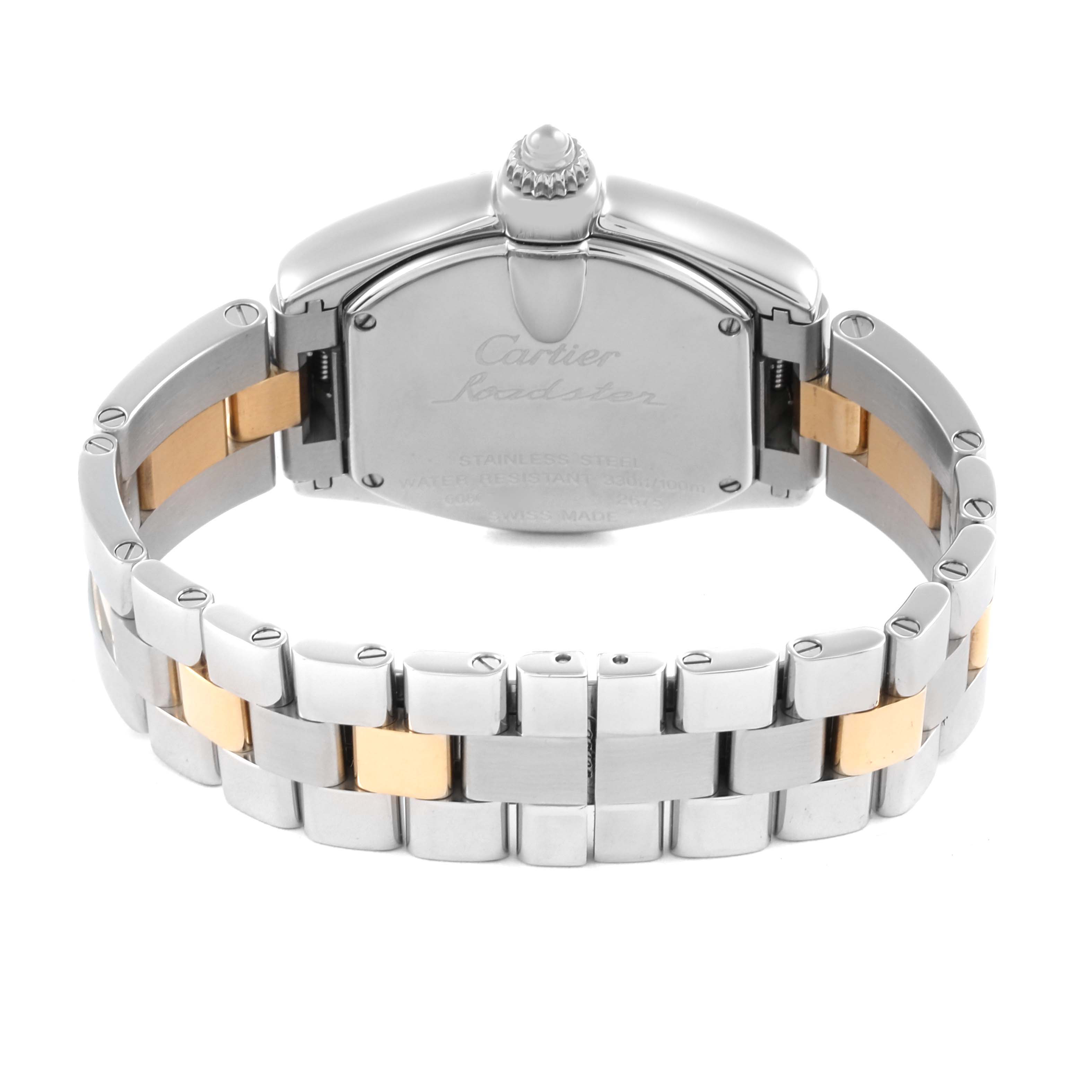 The Cartier Roadster W62026Y4 Women
s Steel and Gold (two tone) Silver Dial W62026Y4 Women
s Steel and Gold (two tone) Silver Dial watch is shown from the back, highlighting its two-tone bracelet and case back with engravings.