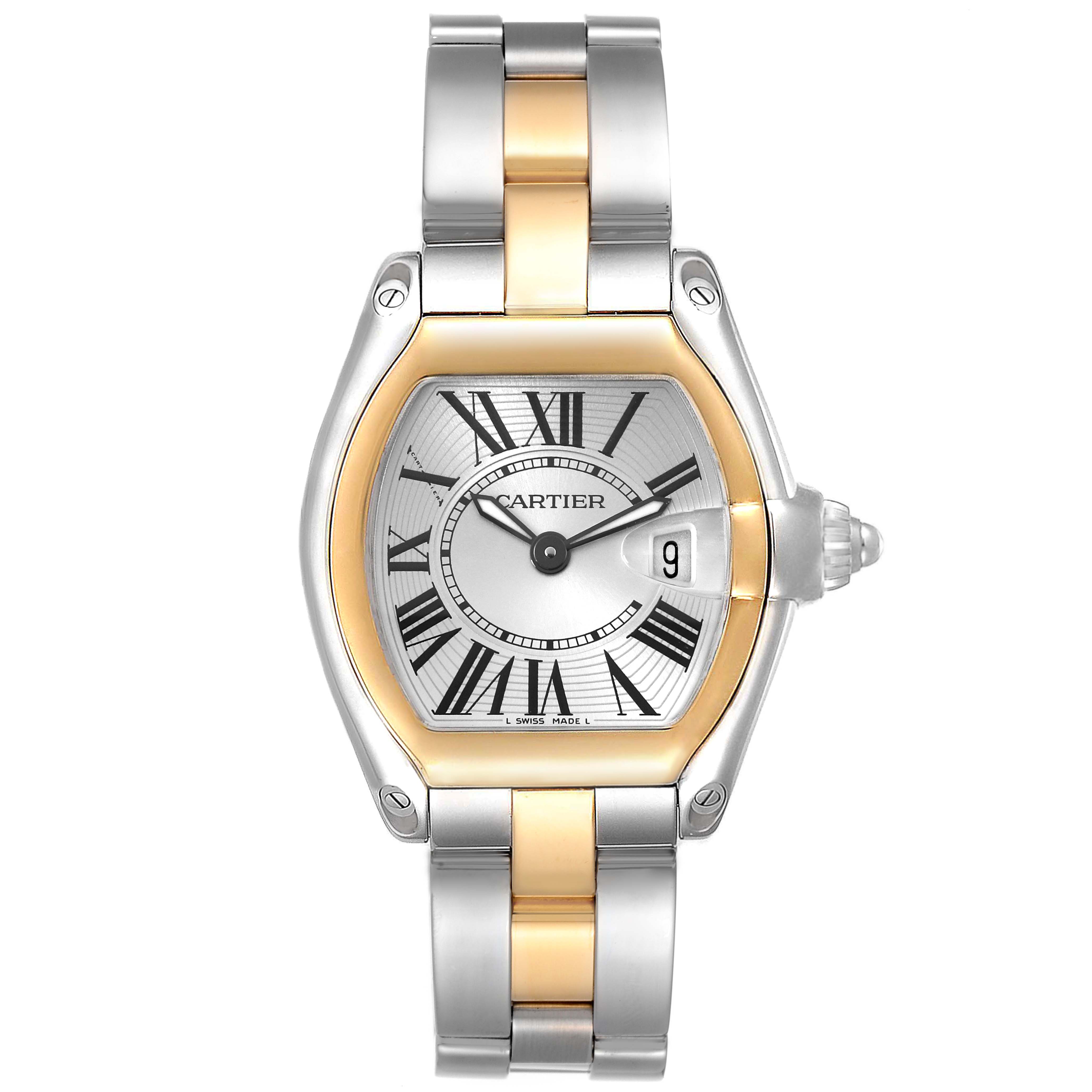The Cartier Roadster W62026Y4 Women
s Steel and Gold (two tone) Silver Dial W62026Y4 Women
s Steel and Gold (two tone) Silver Dial watch is shown from a front angle, displaying its face, bracelet, and crown.