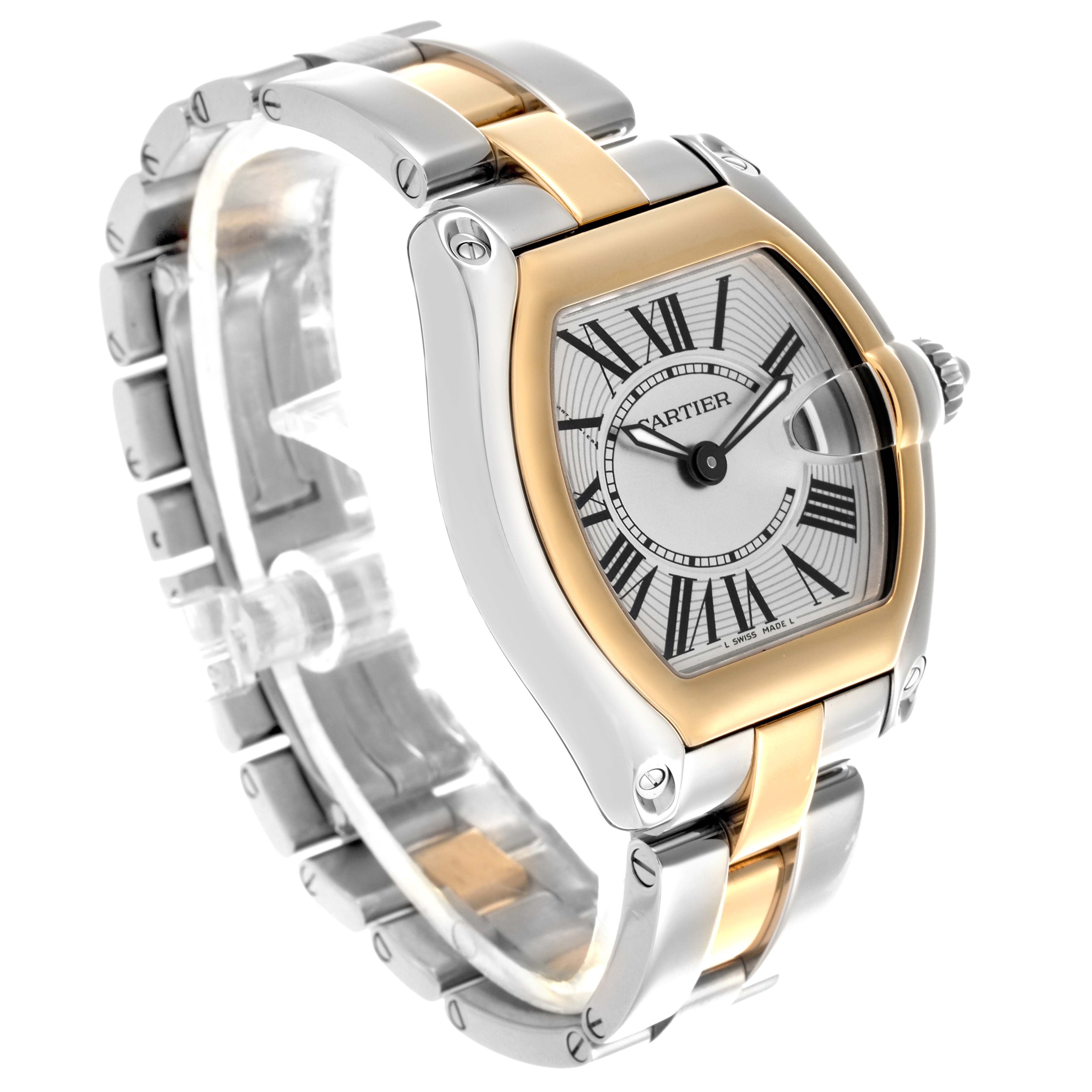 The Cartier Roadster W62026Y4 Women
s Steel and Gold (two tone) Silver Dial W62026Y4 Women
s Steel and Gold (two tone) Silver Dial watch is shown at a three-quarter angle, highlighting the case, dial, and bracelet.