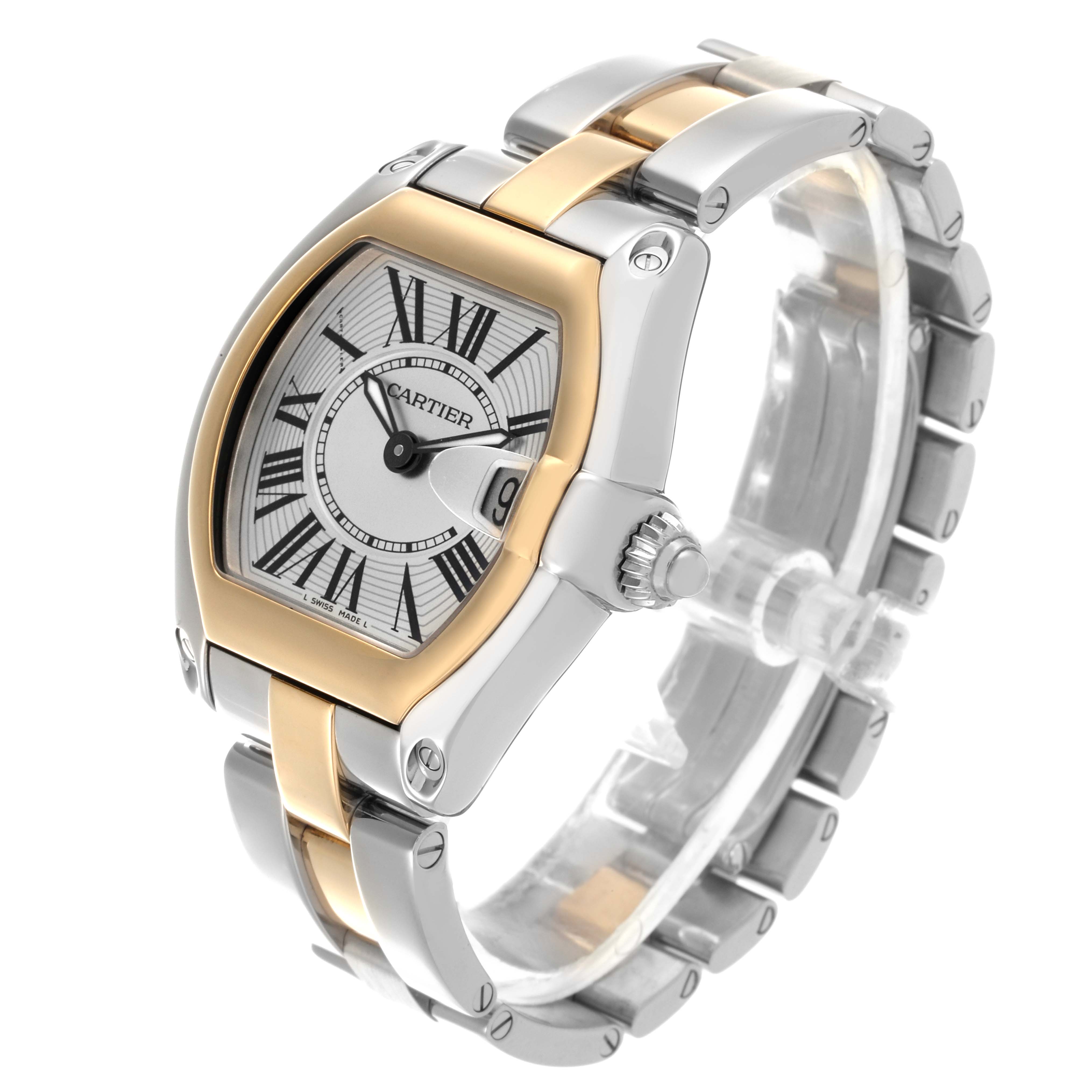 The Cartier Roadster W62026Y4 Women
s Steel and Gold (two tone) Silver Dial W62026Y4 Women
s Steel and Gold (two tone) Silver Dial watch is shown at a three-quarter angle, displaying the face, crown, and bracelet.