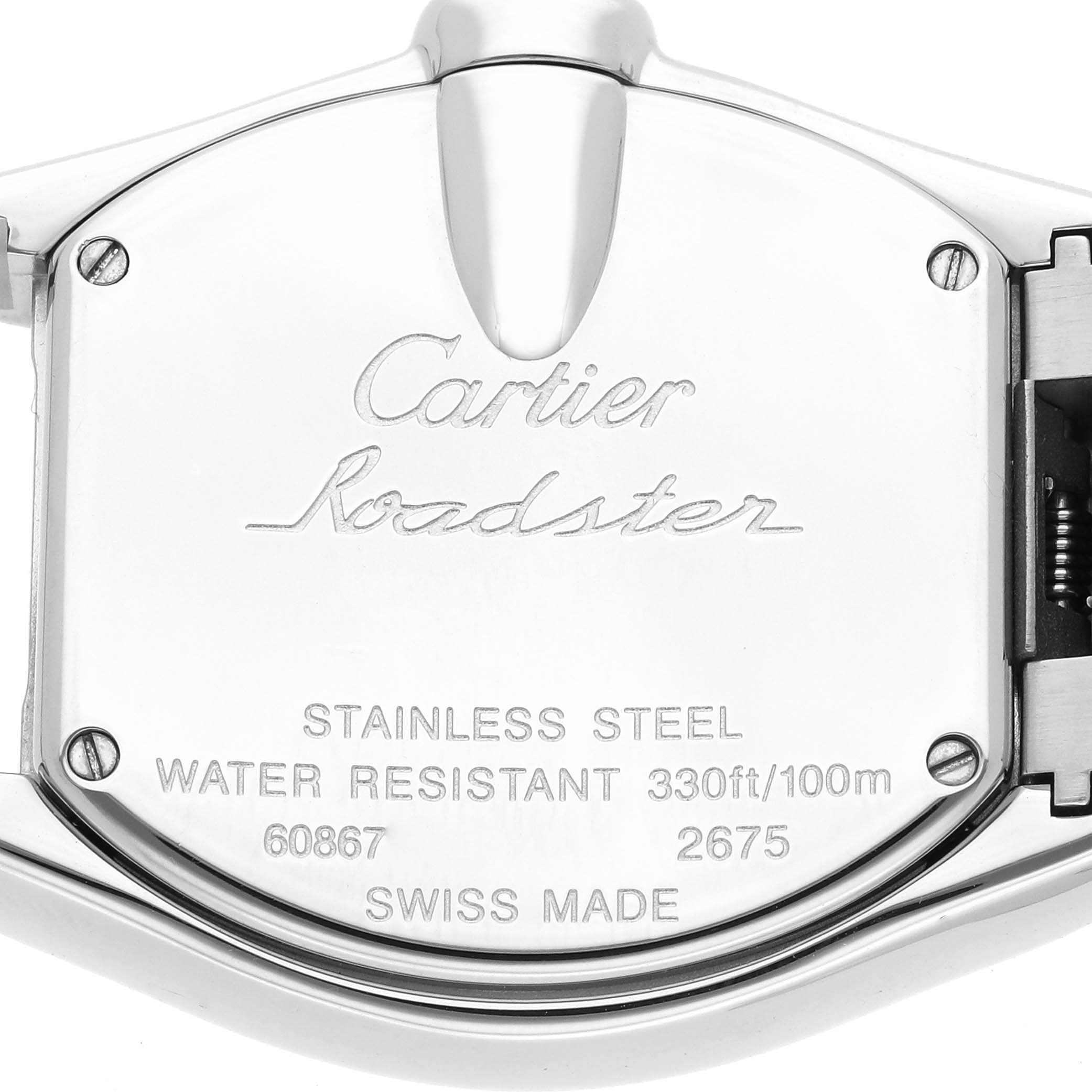 The image shows the back casing of the Cartier Roadster W62026Y4 Women
s Steel and Gold (two tone) Silver Dial W62026Y4 Women
s Steel and Gold (two tone) Silver Dial watch, highlighting the brand and model engraving.