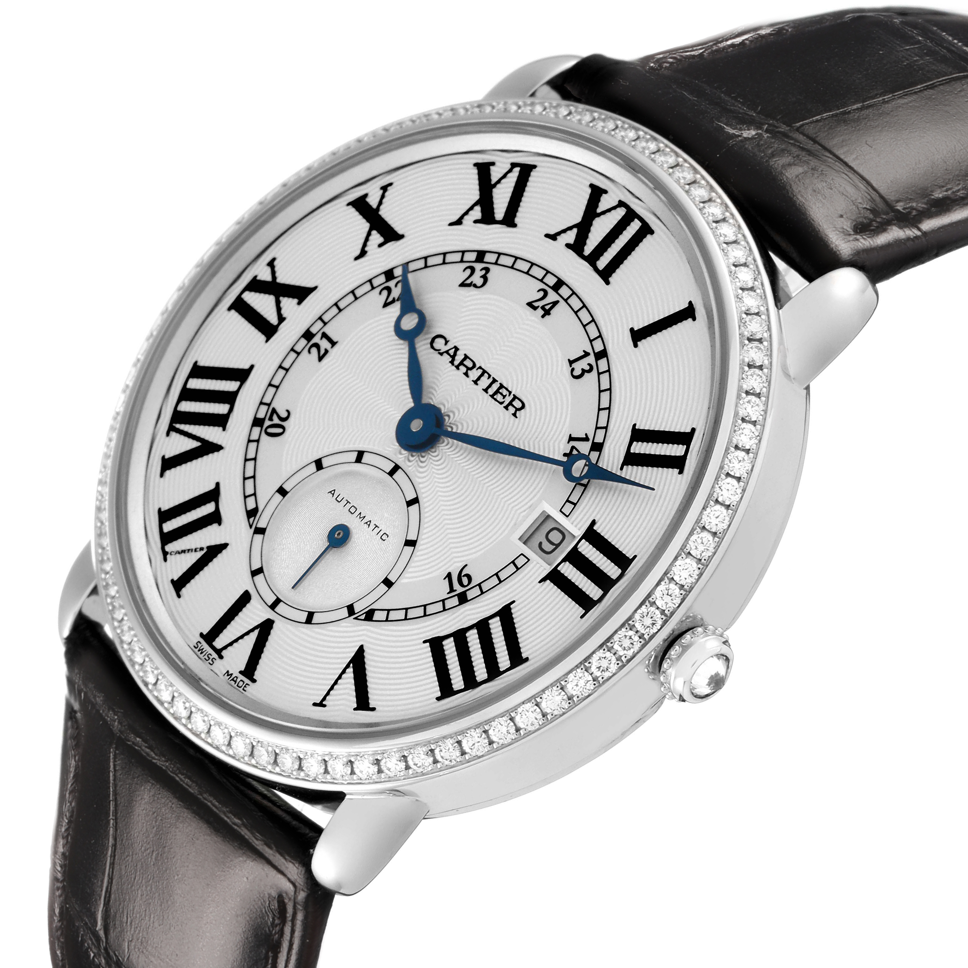 The Cartier Ronde WR007018 Men's White Gold Silver Dial watch is shown from a slight diagonal angle, highlighting its dial, Roman numerals, and leather strap.