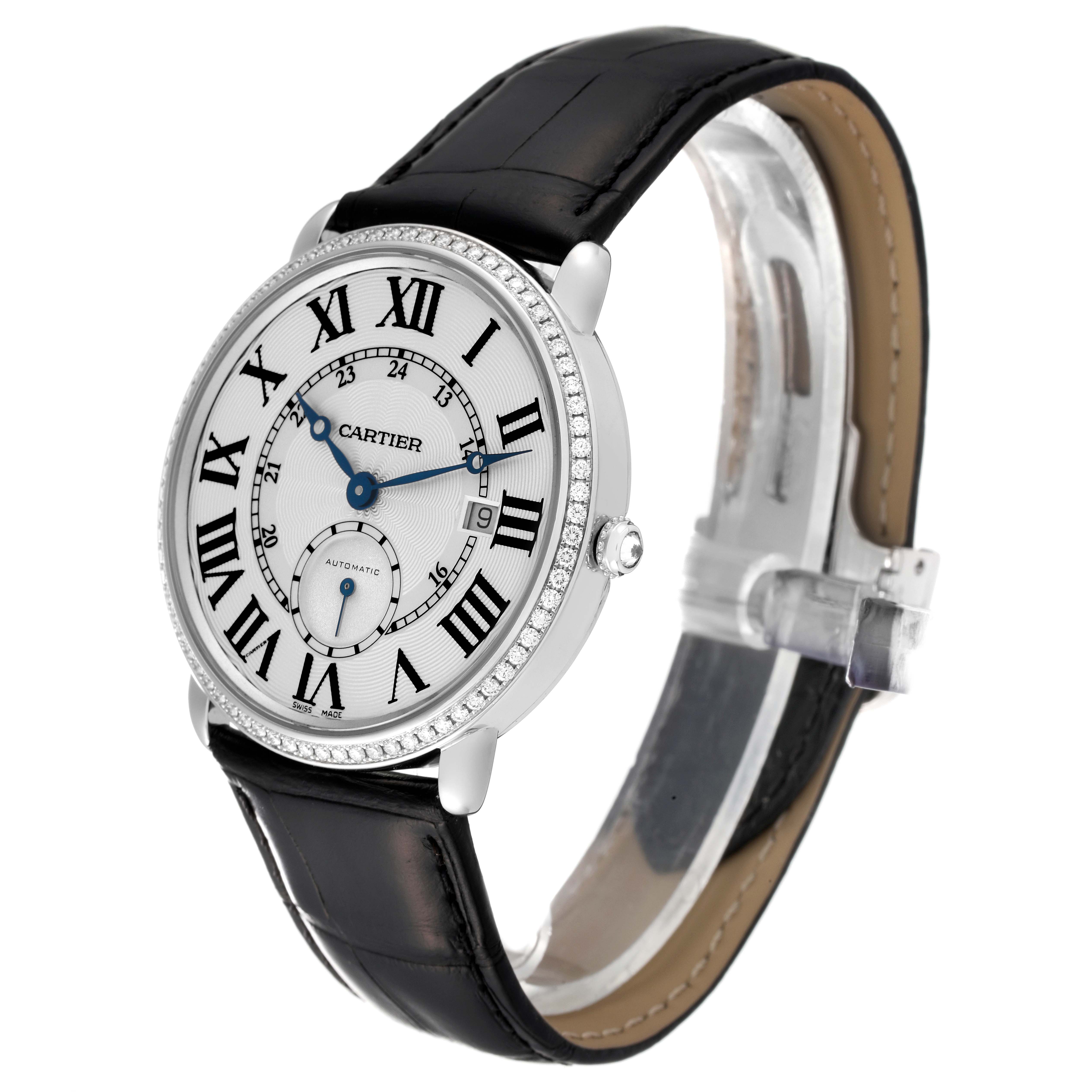 The image shows a Cartier Ronde WR007018 Men's White Gold Silver Dial WR007018 Men's White Gold Silver Dial watch angled slightly from the front, displaying the dial, bezel, and leather strap.