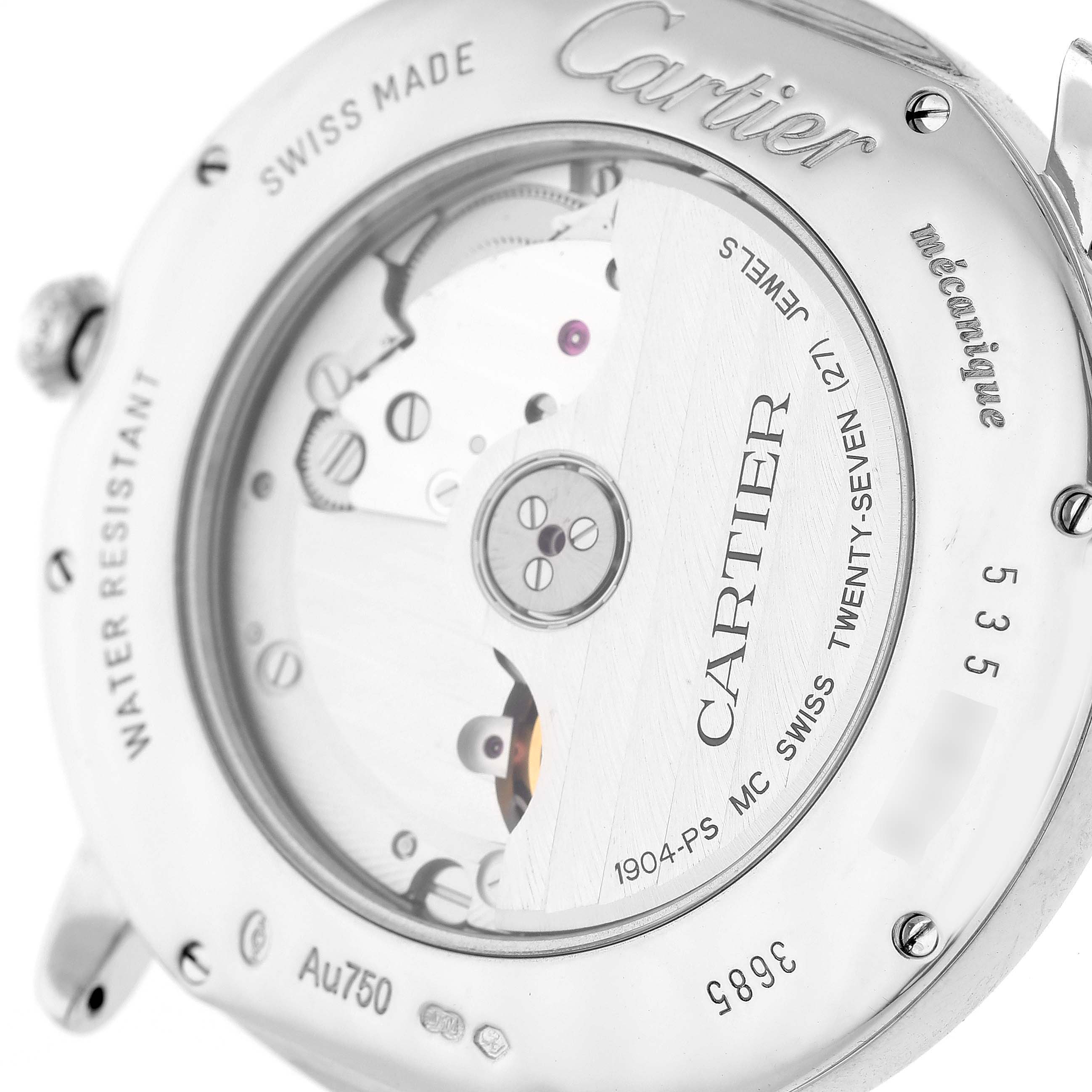 The image shows the back view of a Cartier Ronde WR007018 Men's White Gold Silver Dial WR007018 Men's White Gold Silver Dial watch, displaying its intricate mechanical movement and engravings.
