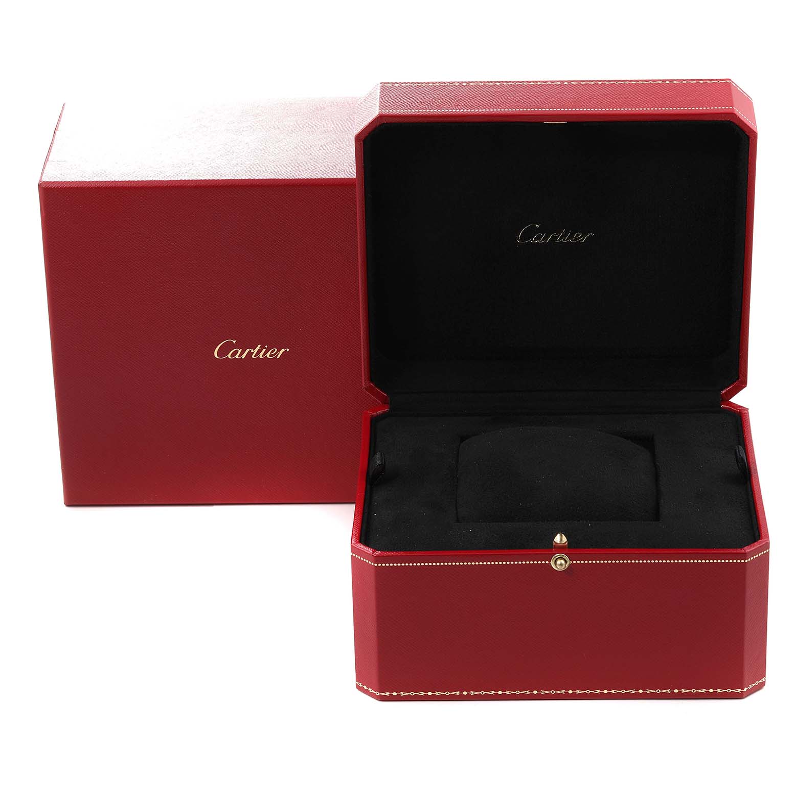 This image shows the open presentation box and outer packaging for the Cartier Ronde WR007018 Men's White Gold Silver Dial WR007018 Men's White Gold Silver Dial watch.