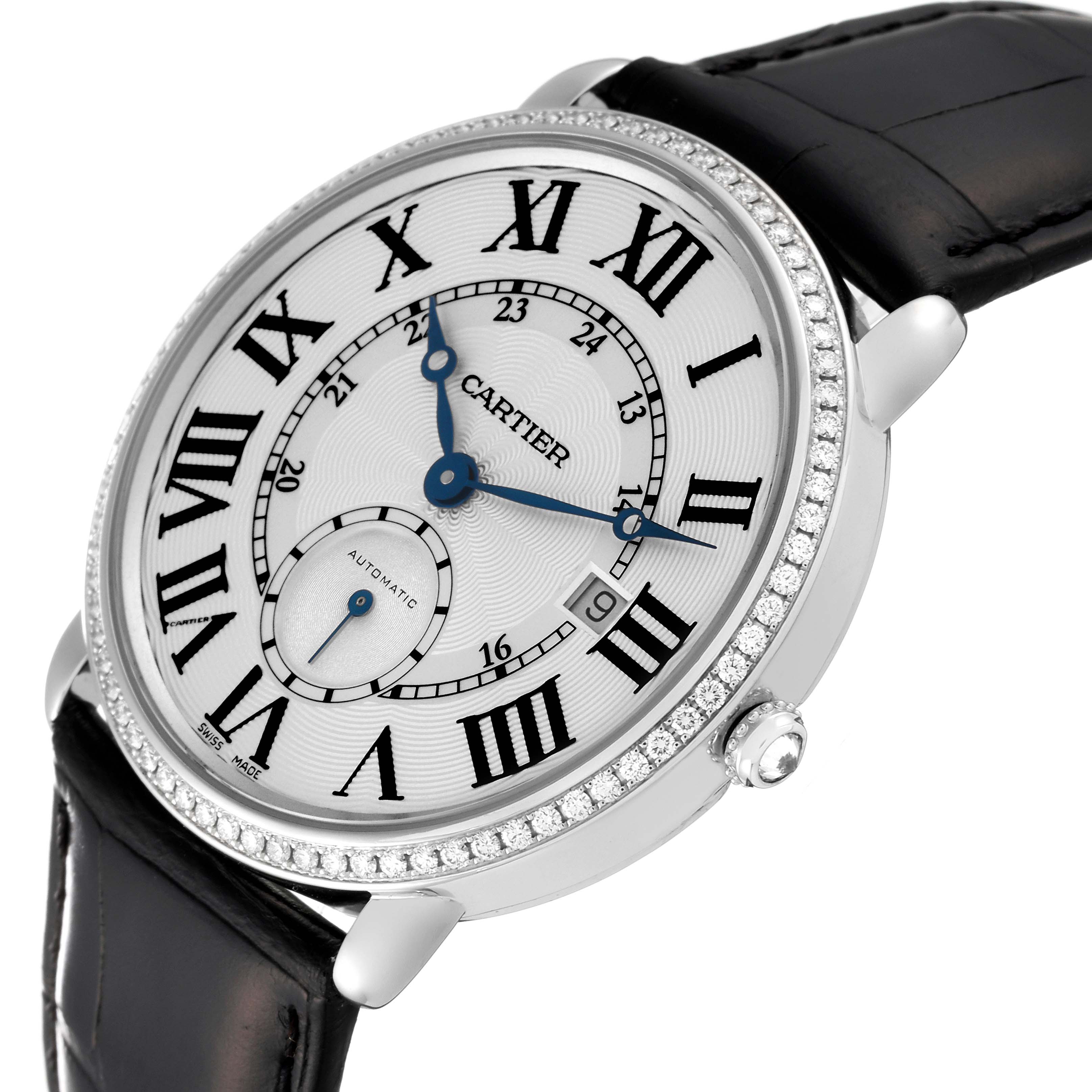 The image shows a close-up of the Cartier Ronde WR007018 Men's White Gold Silver Dial WR007018 Men's White Gold Silver Dial watch at a slight angle, displaying its face, bezel, and black leather strap.