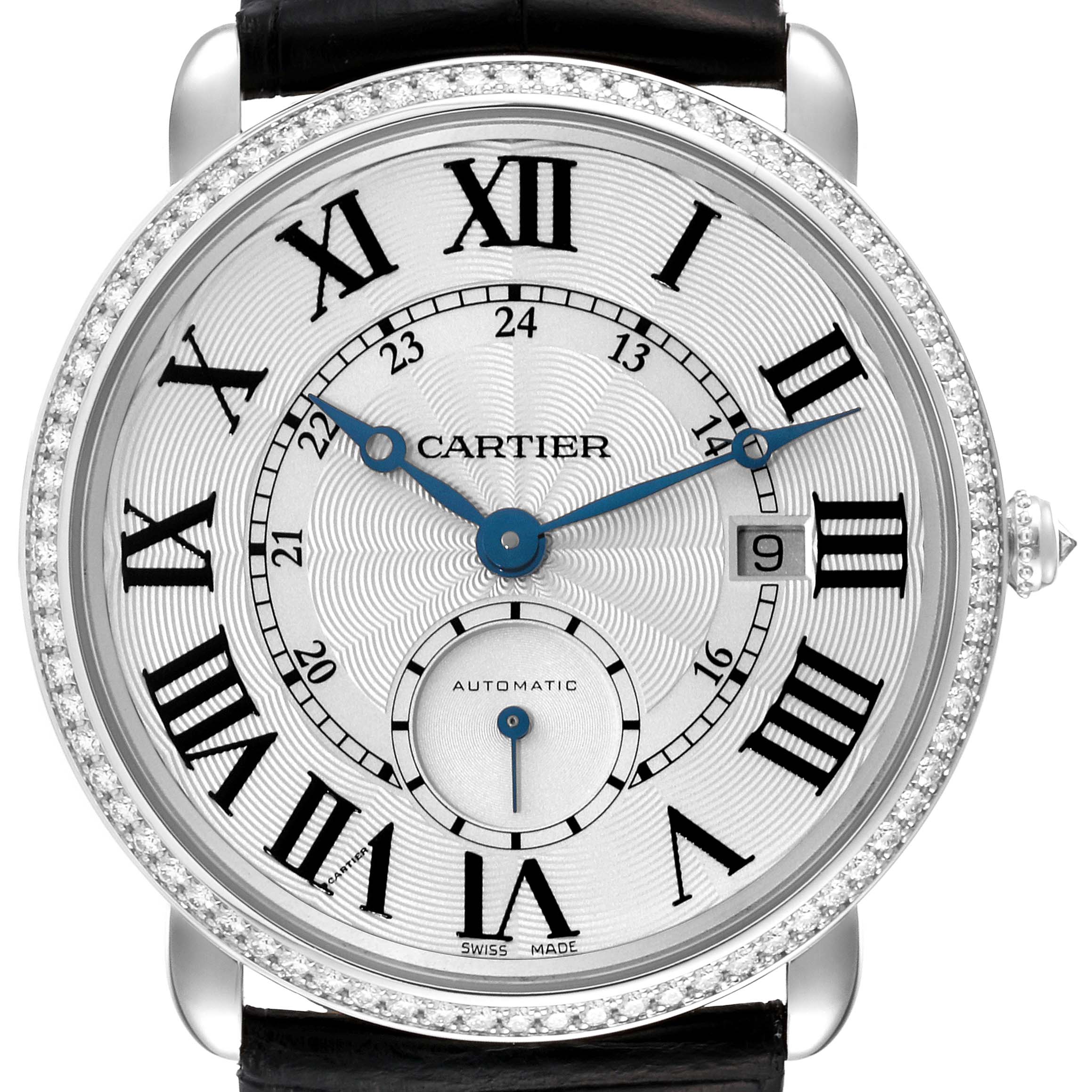 This image shows a close-up, frontal view of a Cartier Ronde WR007018 Men's White Gold Silver Dial WR007018 Men's White Gold Silver Dial model watch, highlighting the dial, Roman numerals, and blue hands.