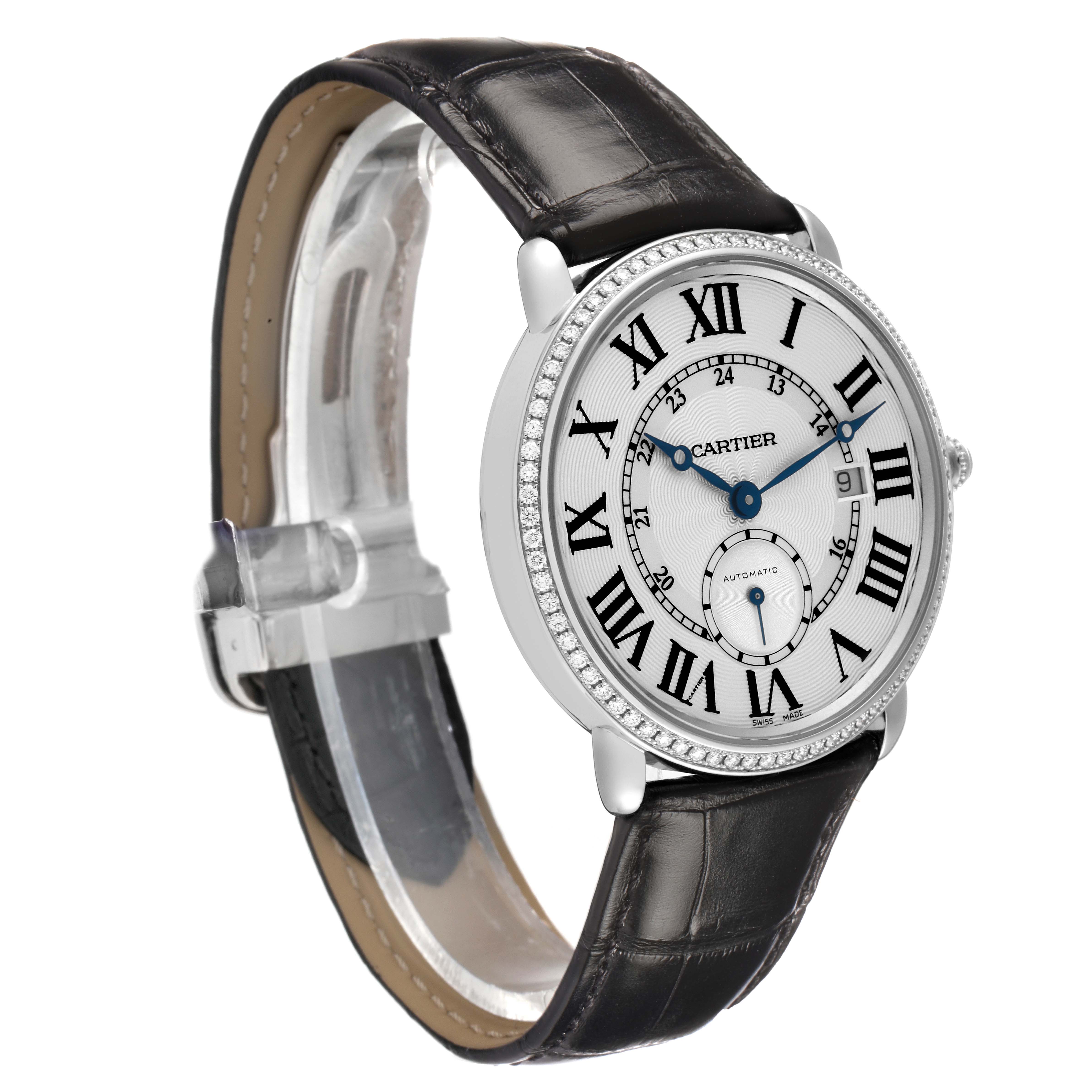 The Cartier Ronde WR007018 Men's White Gold Silver Dial watch is shown at a three-quarter angle, highlighting the dial, bezel, and leather strap.