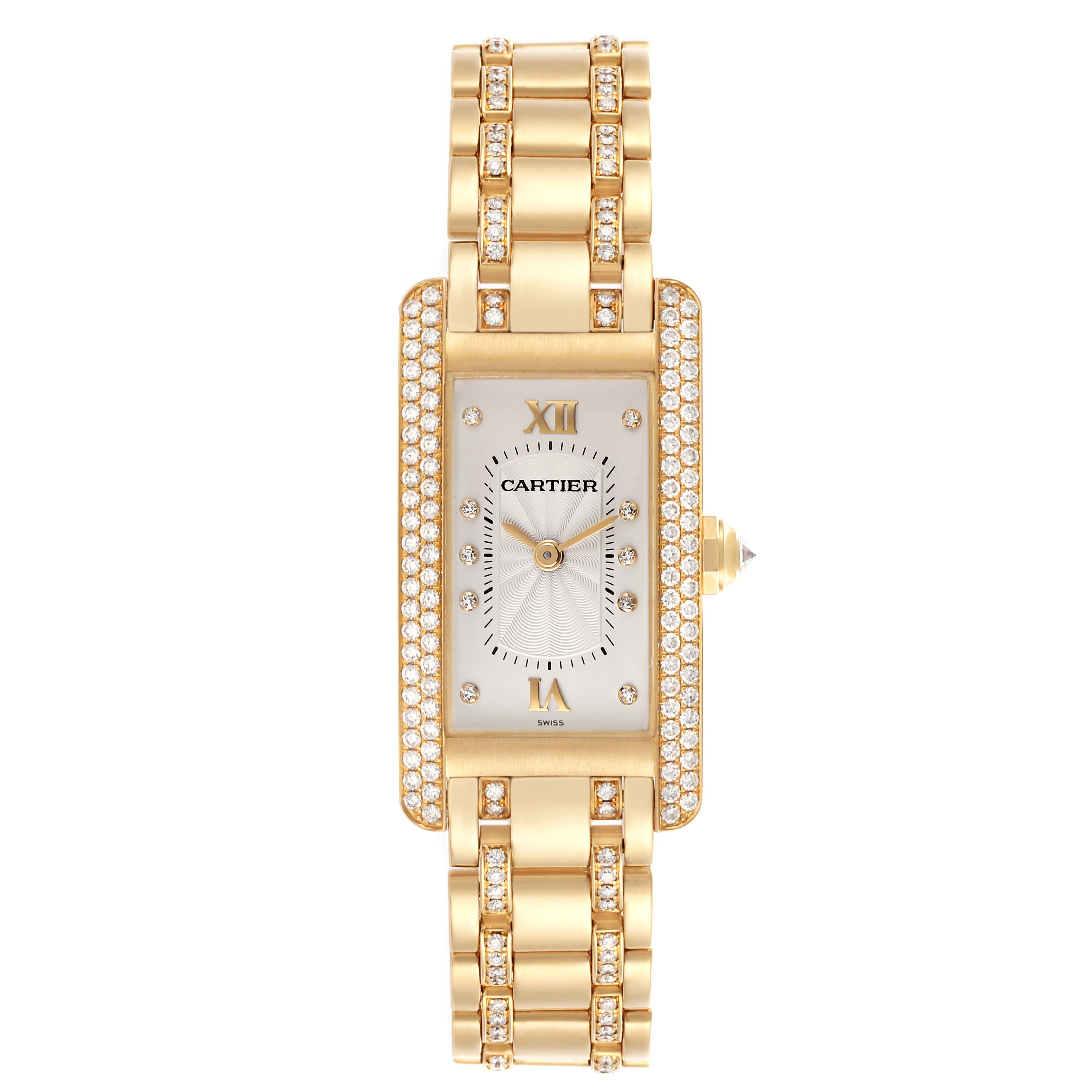 The Cartier Tank Americaine WB7025JL Women's Yellow Gold Silver Dial WB7025JL Women's Yellow Gold Silver Dial watch is shown from a top-down angle, displaying its rectangular dial, case, and decorated bracelet.