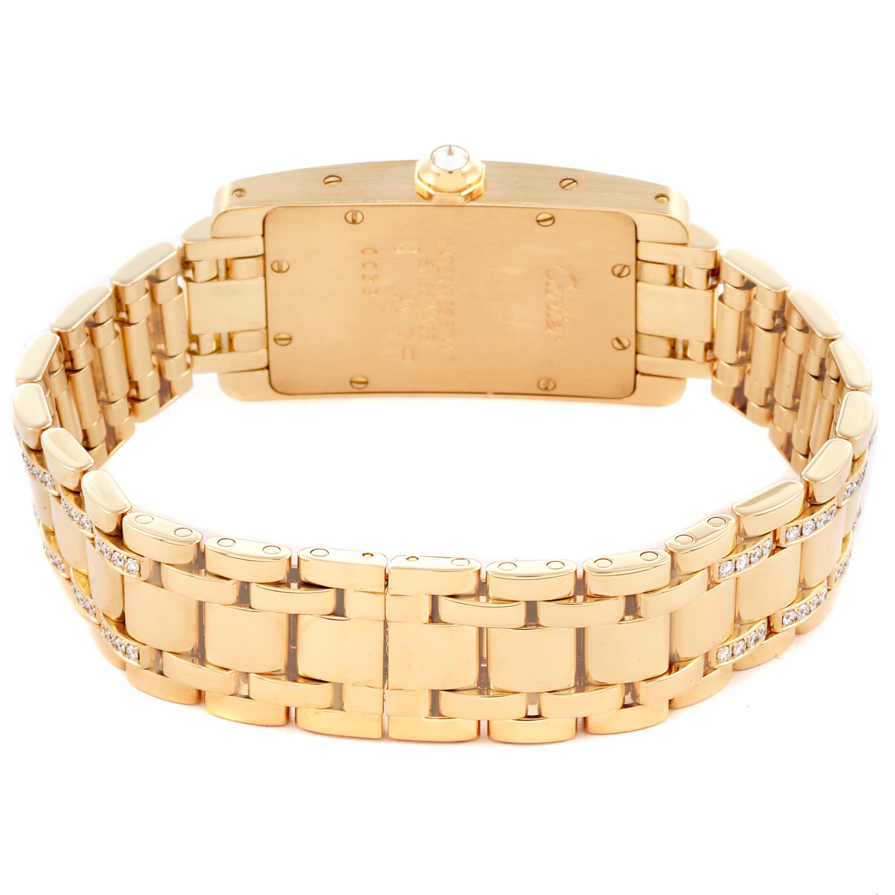 The image shows the back view of a Cartier Tank Americaine WB7025JL Women's Yellow Gold Silver Dial WB7025JL Women's Yellow Gold Silver Dial watch, highlighting the bracelet and case back.