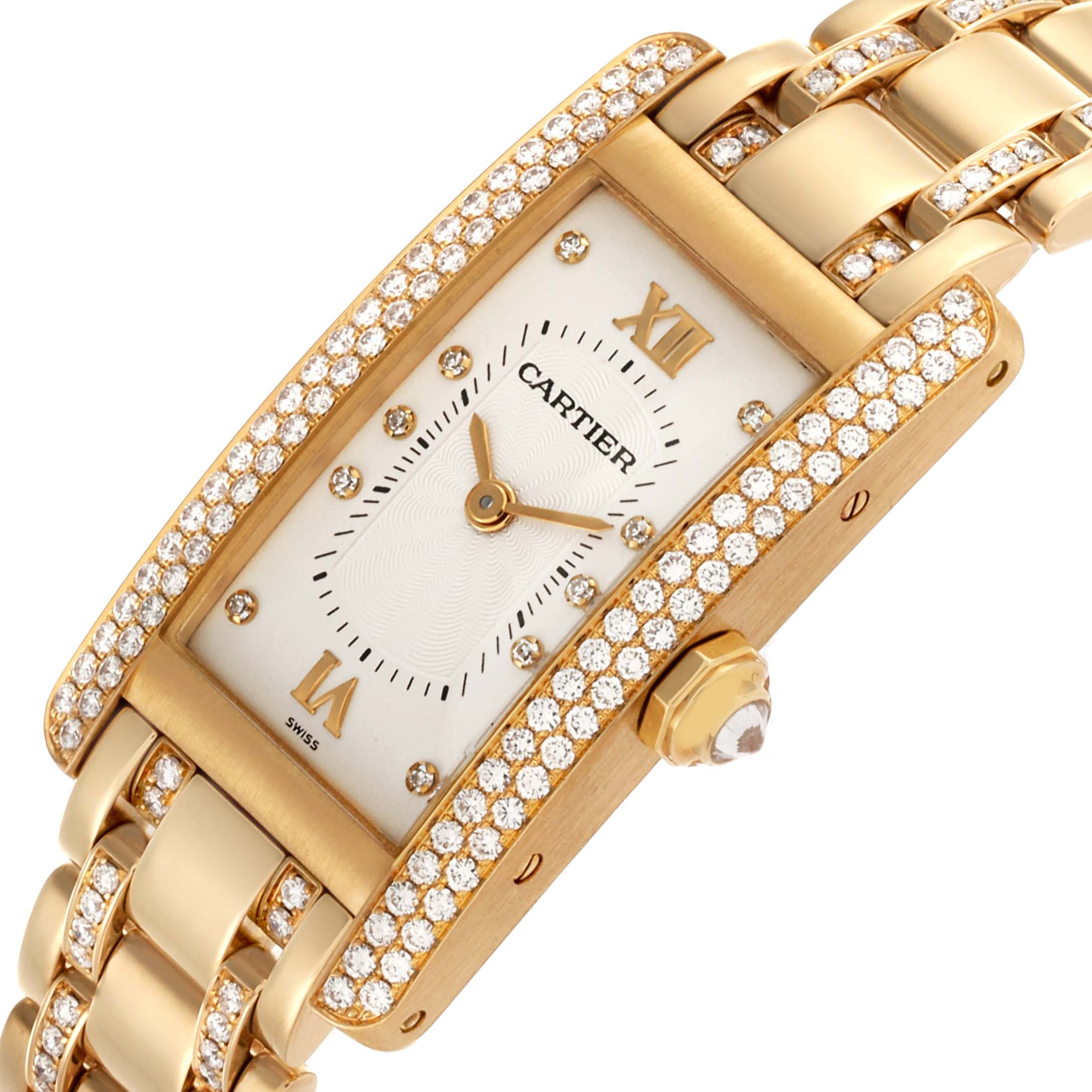 The Cartier Tank Americaine WB7025JL Women's Yellow Gold Silver Dial WB7025JL Women's Yellow Gold Silver Dial watch is shown at an angle highlighting its diamond-encrusted bezel and bracelet.