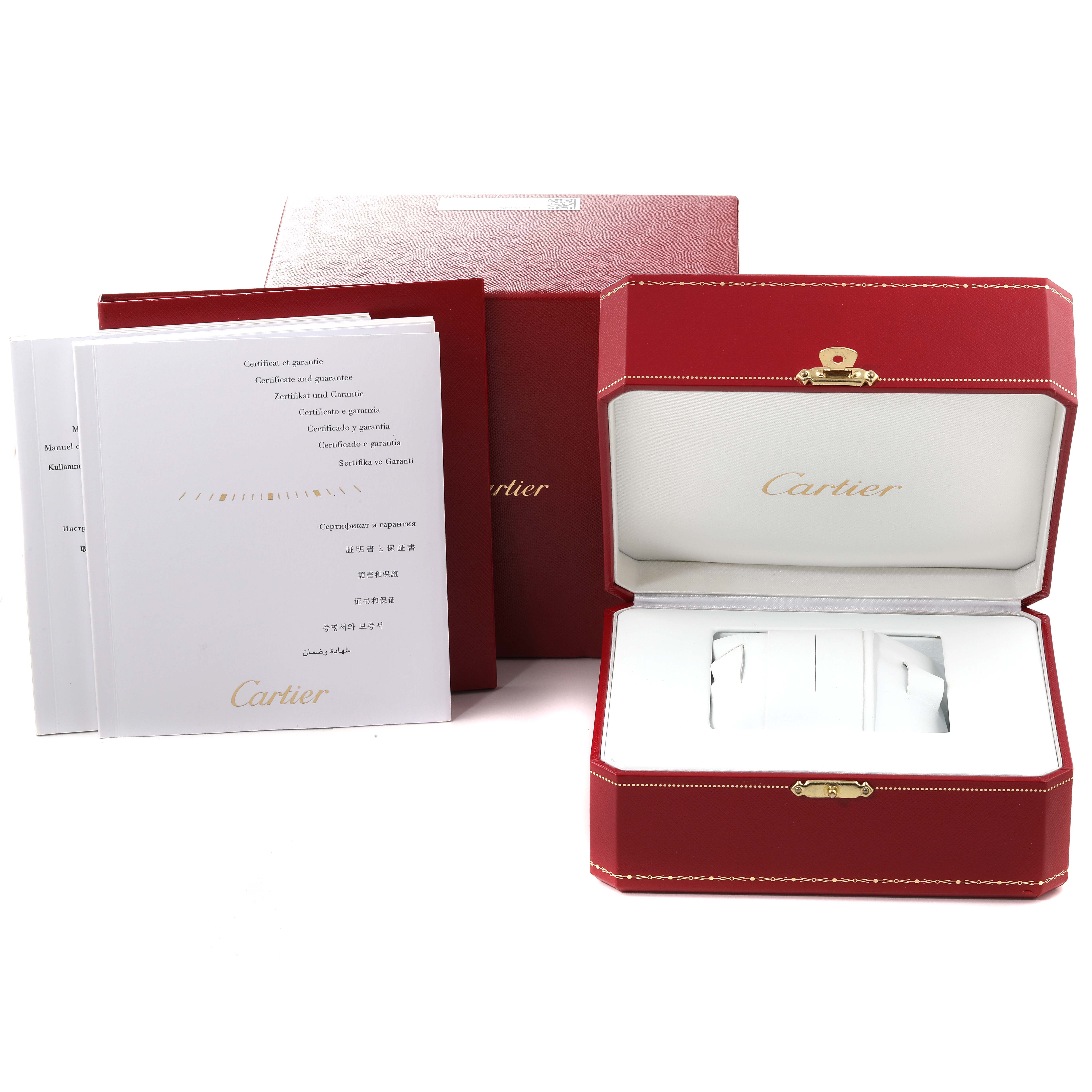 The image shows an open red Cartier box for the Tank Anglaise watch, along with its documentation and outer packaging.