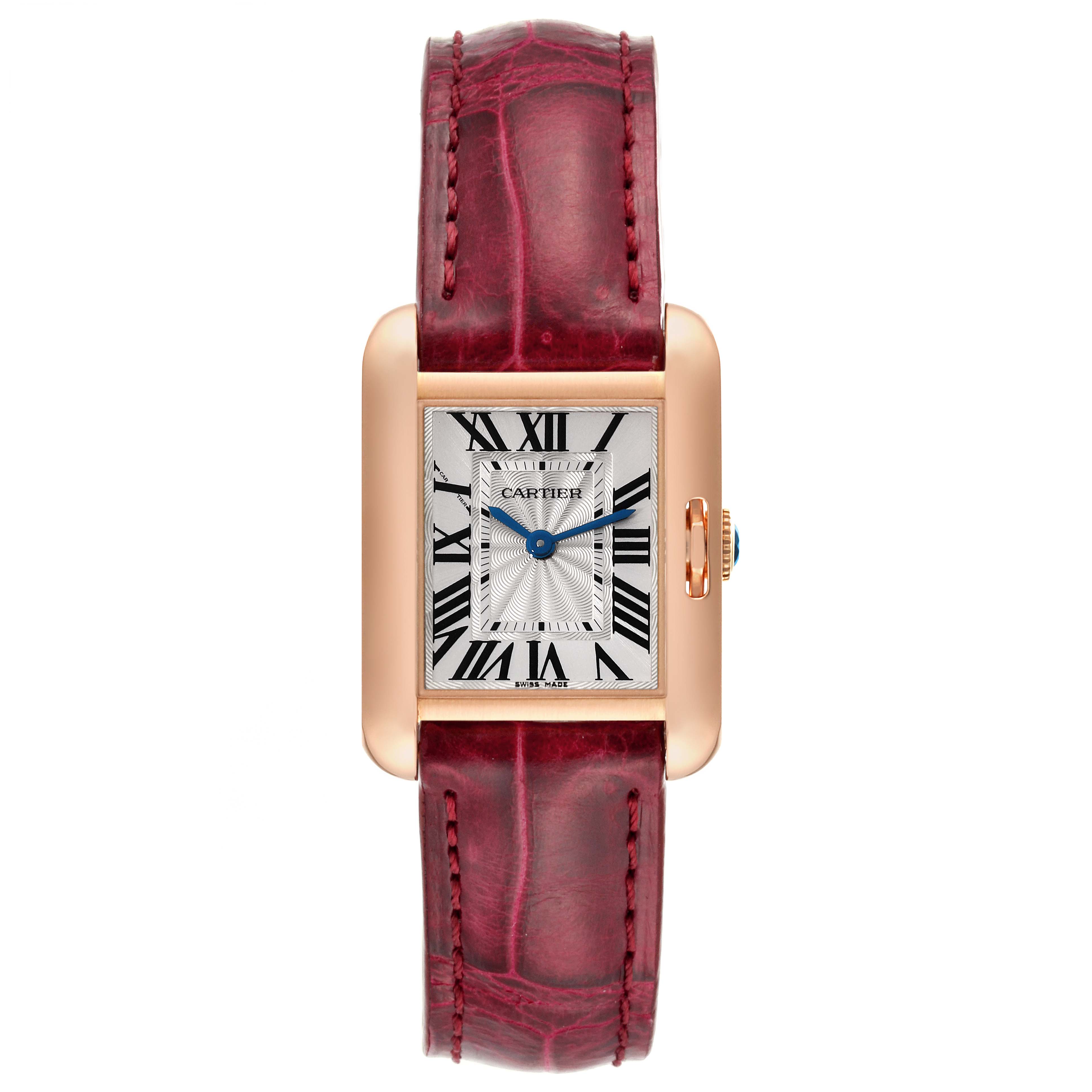 The image shows a Cartier Tank Anglaise W5310027 Women
s Rose Gold Silver Dial W5310027 Women
s Rose Gold Silver Dial watch taken from a top-down angle, highlighting its rectangular dial and red leather strap.