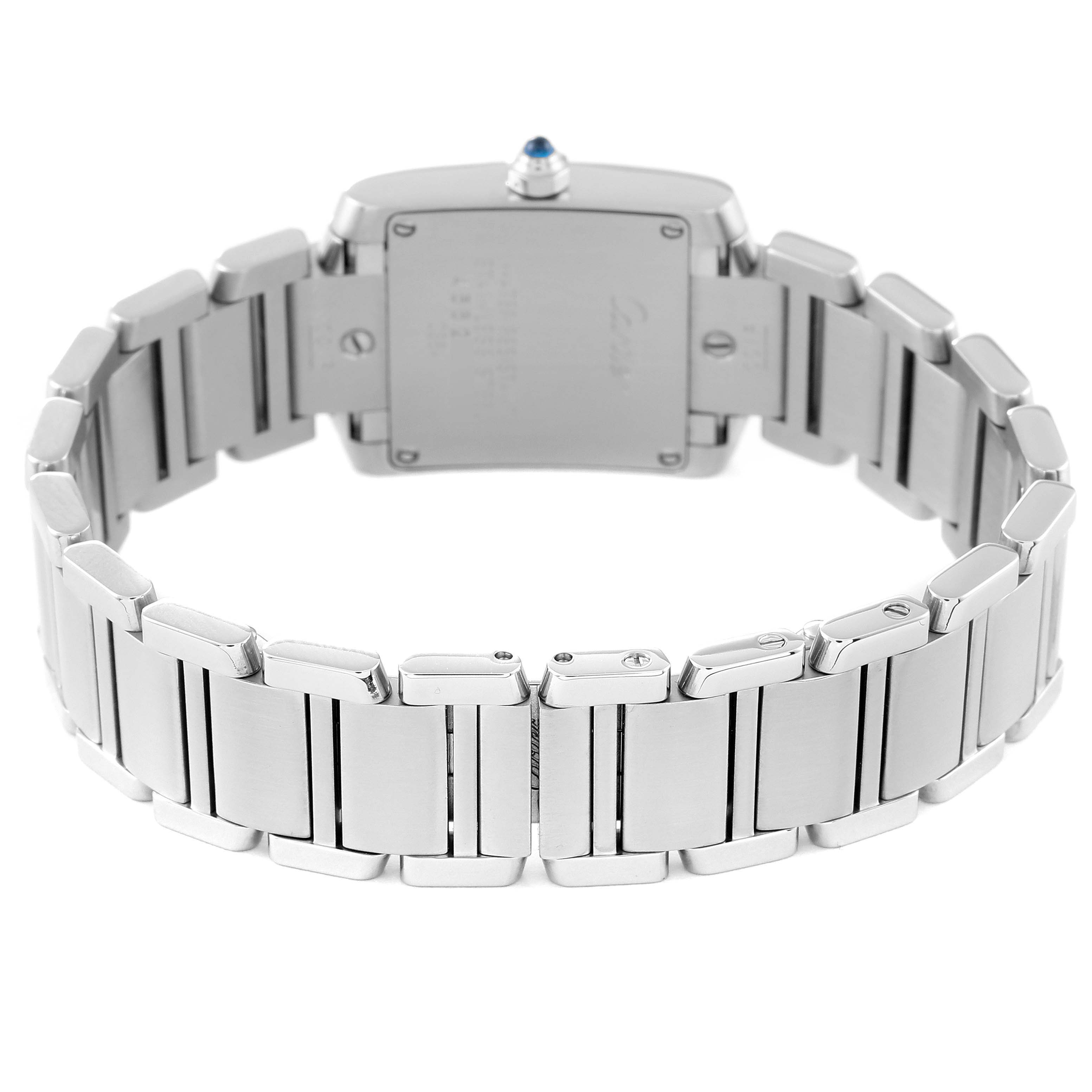 The image shows the back view of a Cartier Tank Francaise W51026Q3 Women's Stainless Steel Black Dial W51026Q3 Women's Stainless Steel Black Dial watch, highlighting its stainless steel bracelet and caseback.