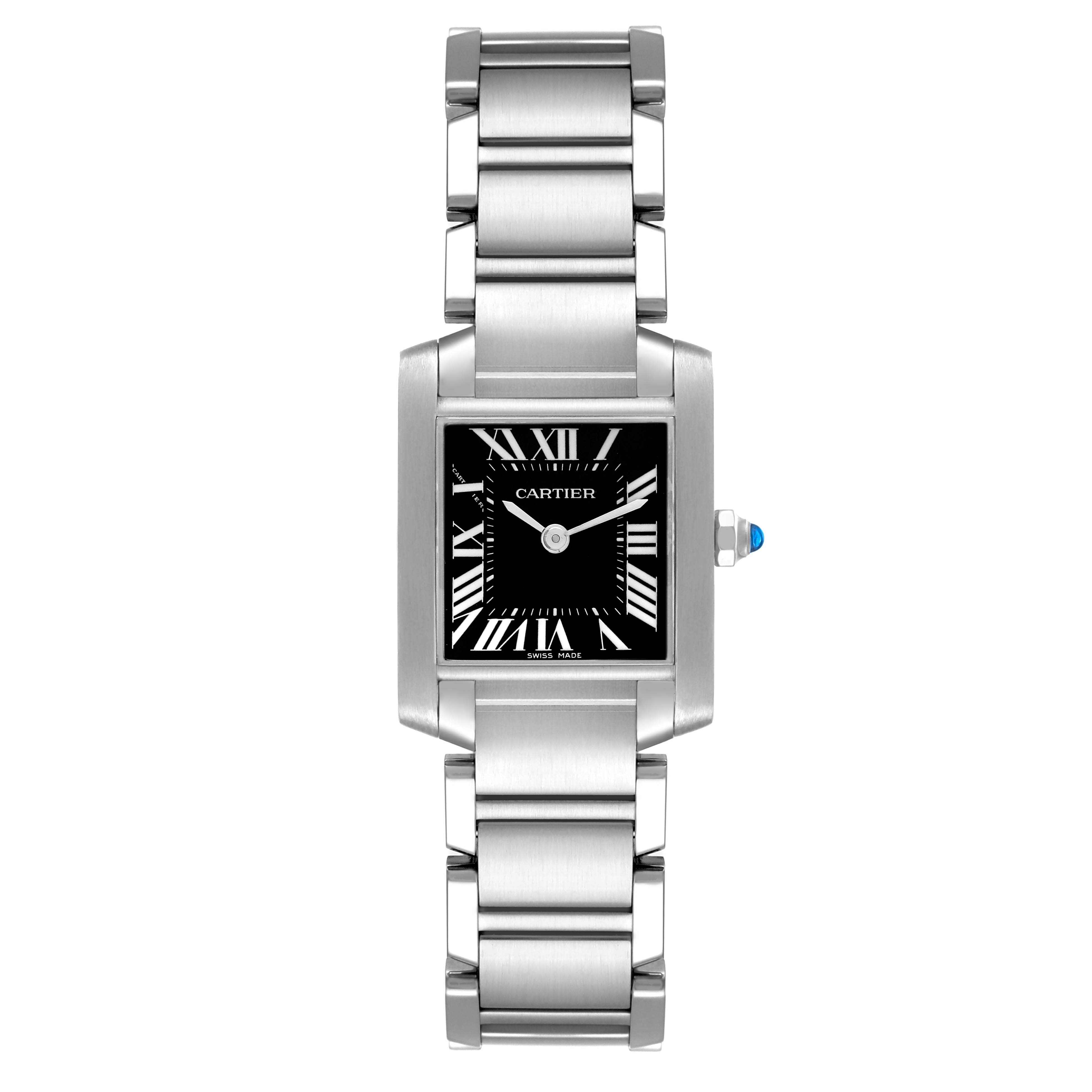 This image shows a Cartier Tank Francaise W51026Q3 Women's Stainless Steel Black Dial W51026Q3 Women's Stainless Steel Black Dial watch from a front view, highlighting the face, bezel, and bracelet.