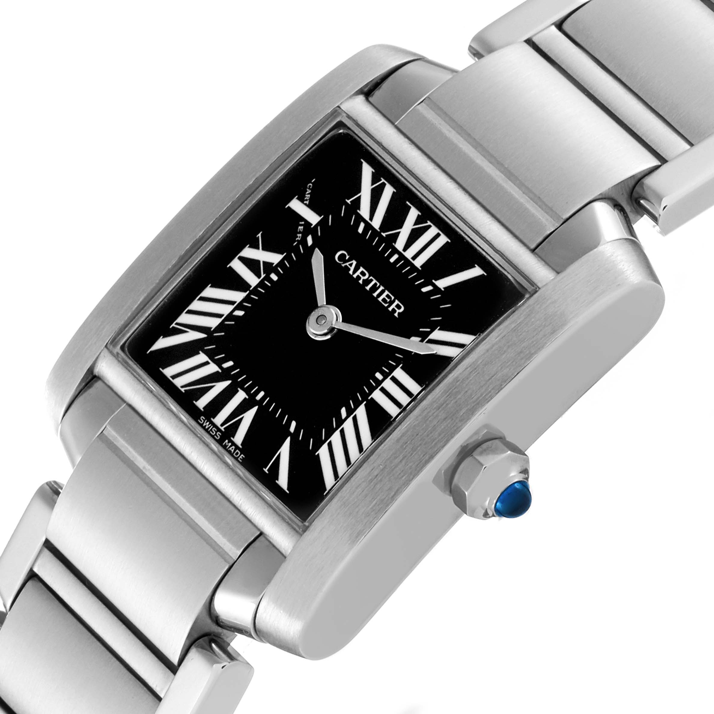 This image shows a close-up angled view of the Cartier Tank Française watch, highlighting the face, bracelet, and crown.