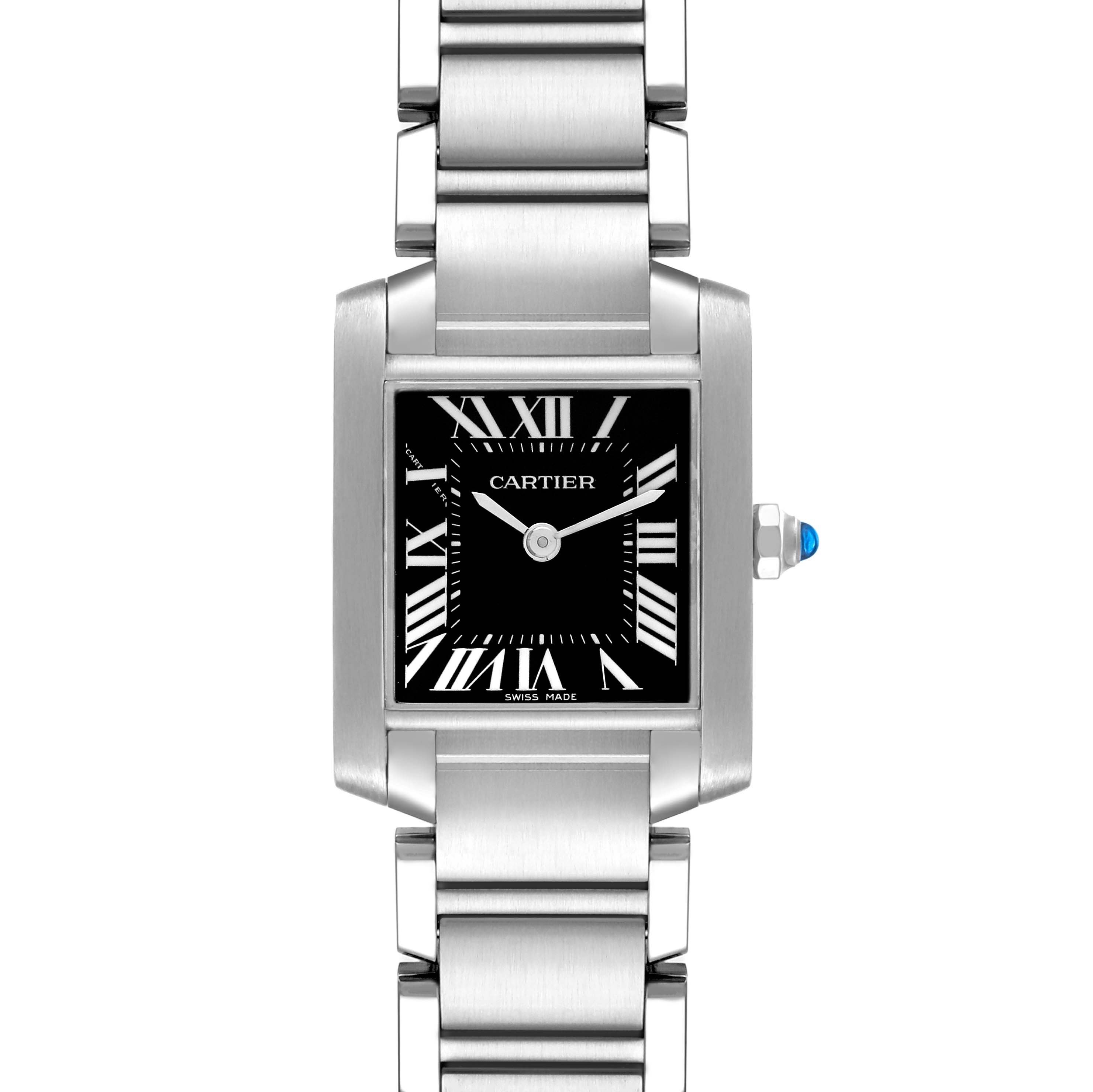 This image shows a Cartier Tank Francaise W51026Q3 Women's Stainless Steel Black Dial W51026Q3 Women's Stainless Steel Black Dial watch, featuring a front view with its rectangular face, Roman numerals, and metal bracelet.