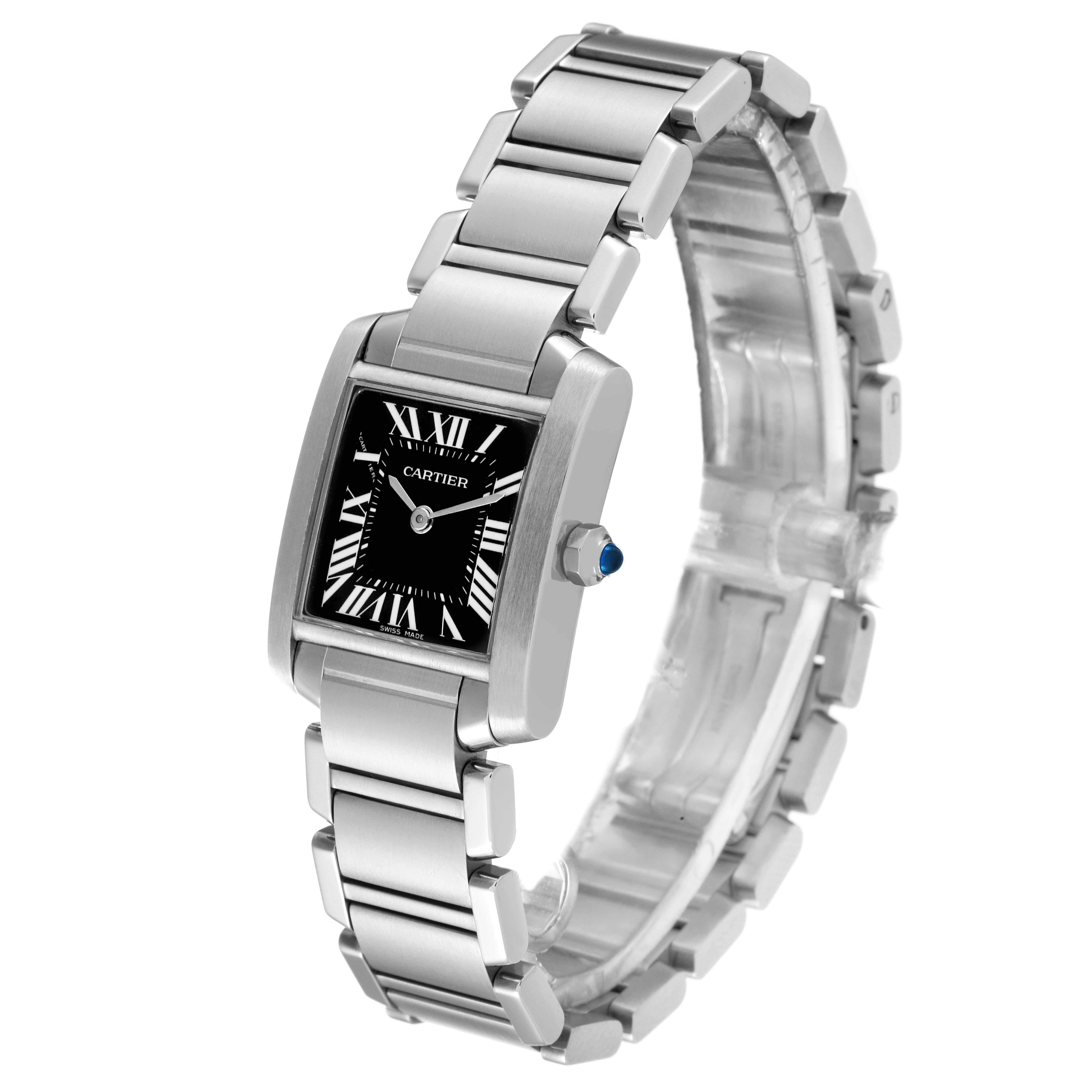 The image shows a Cartier Tank Française model watch in a three-quarter view, highlighting the face and metal bracelet.