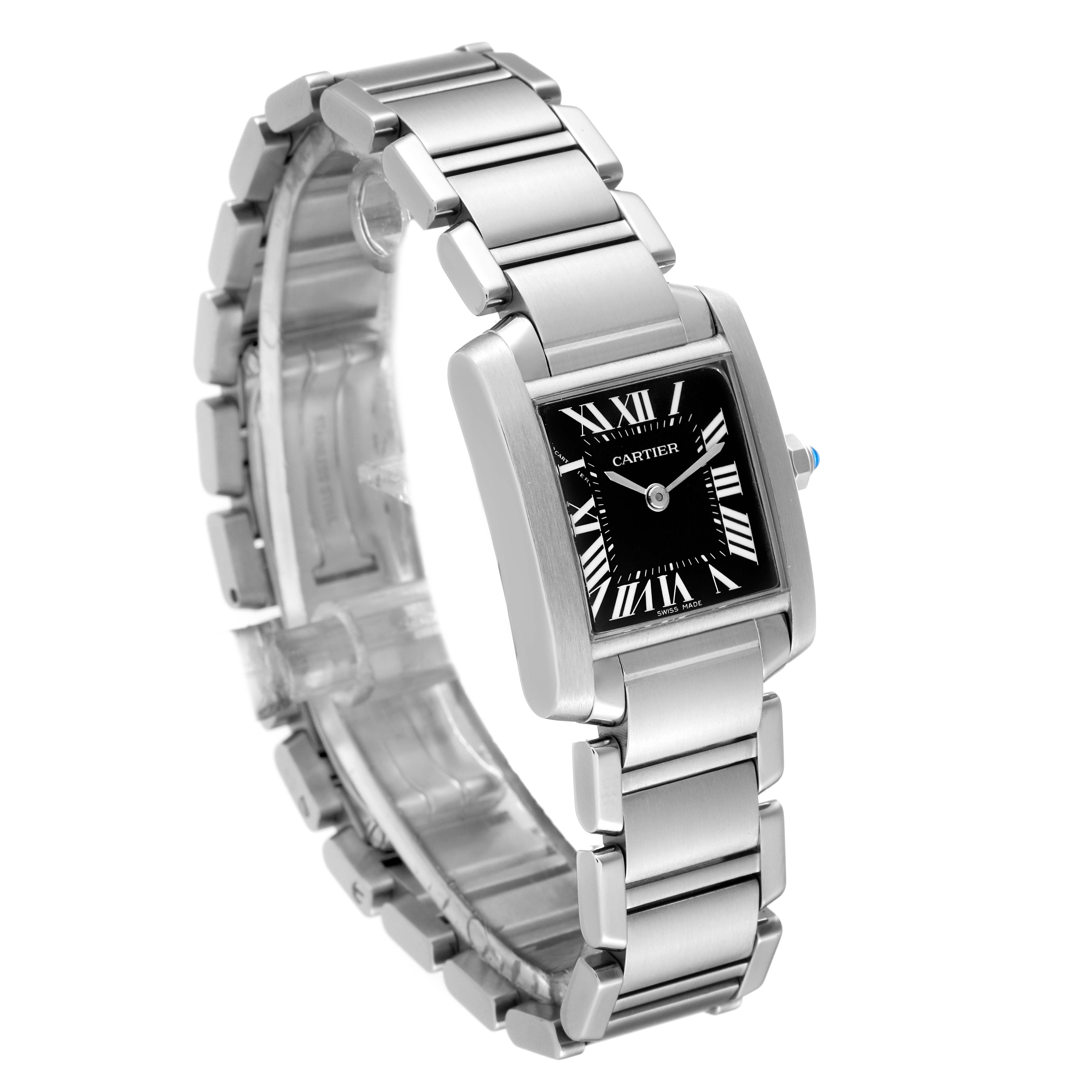 The image shows the Cartier Tank Francaise W51026Q3 Women's Stainless Steel Black Dial W51026Q3 Women's Stainless Steel Black Dial watch at an angled side view, highlighting its bracelet and black Roman numeral dial.