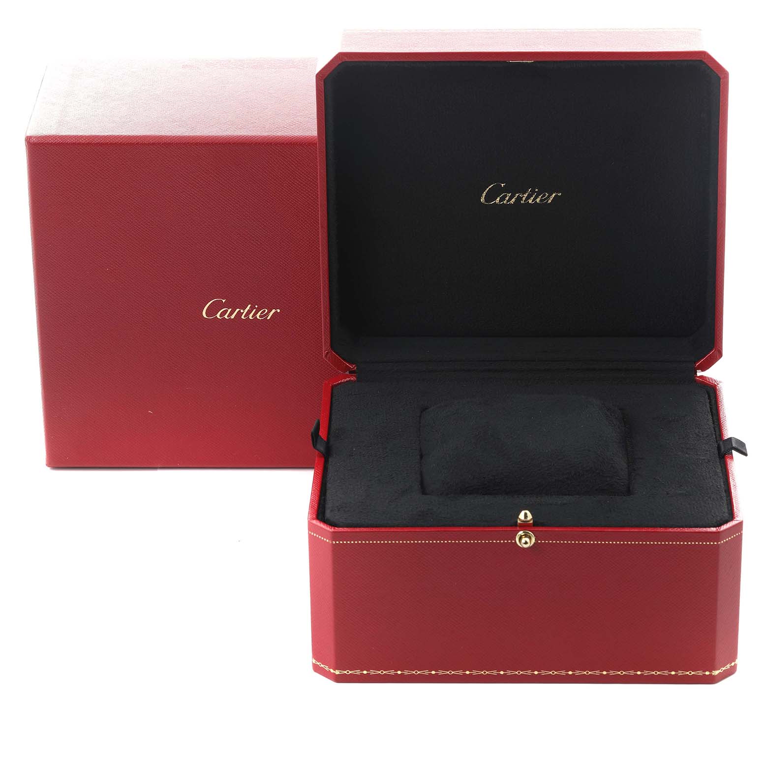 This image shows an open red Cartier box for the Tank Francaise model, featuring the brand name inside.
