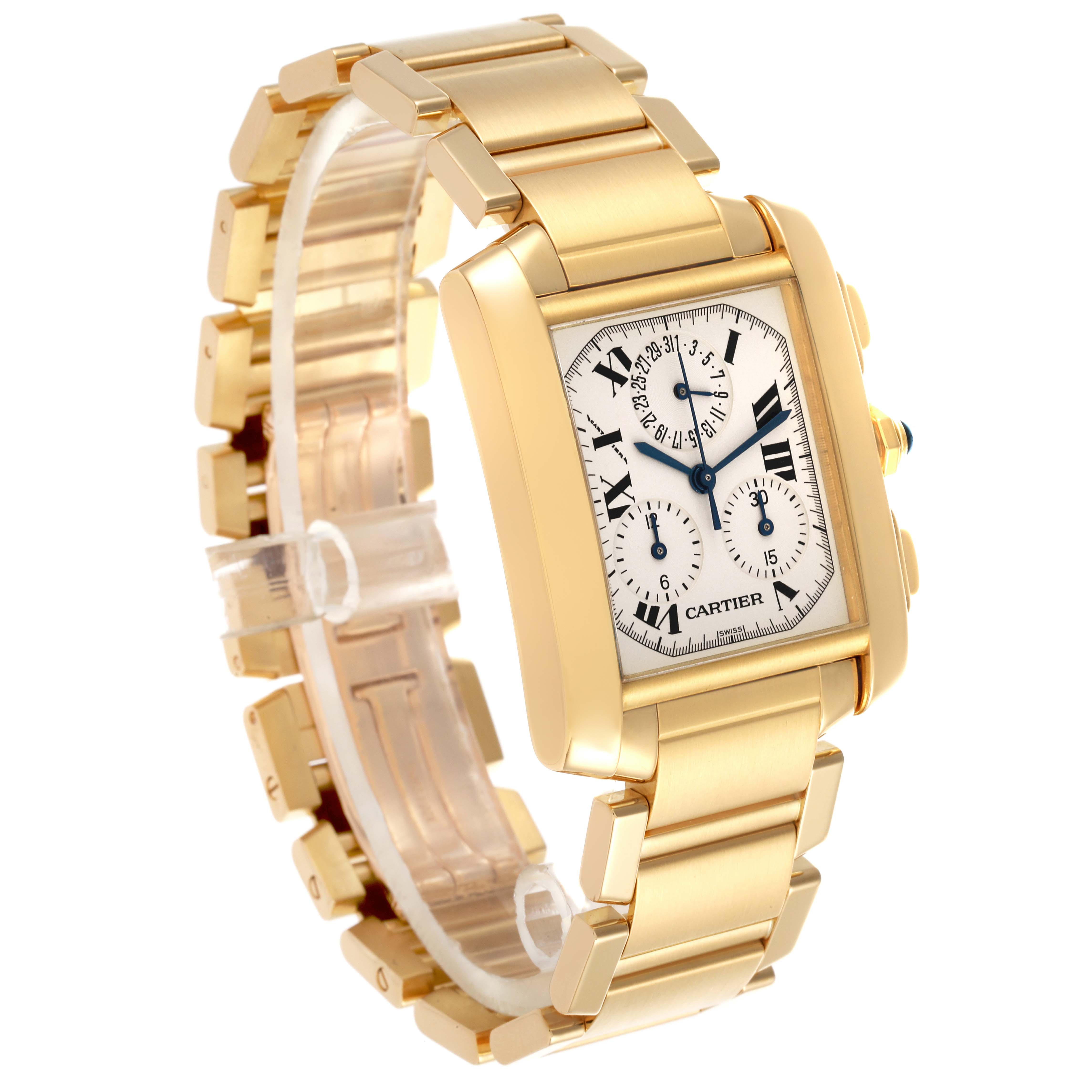 The Cartier Tank Française watch is shown in a three-quarter angle highlighting the gold case, bracelet, and dial details.