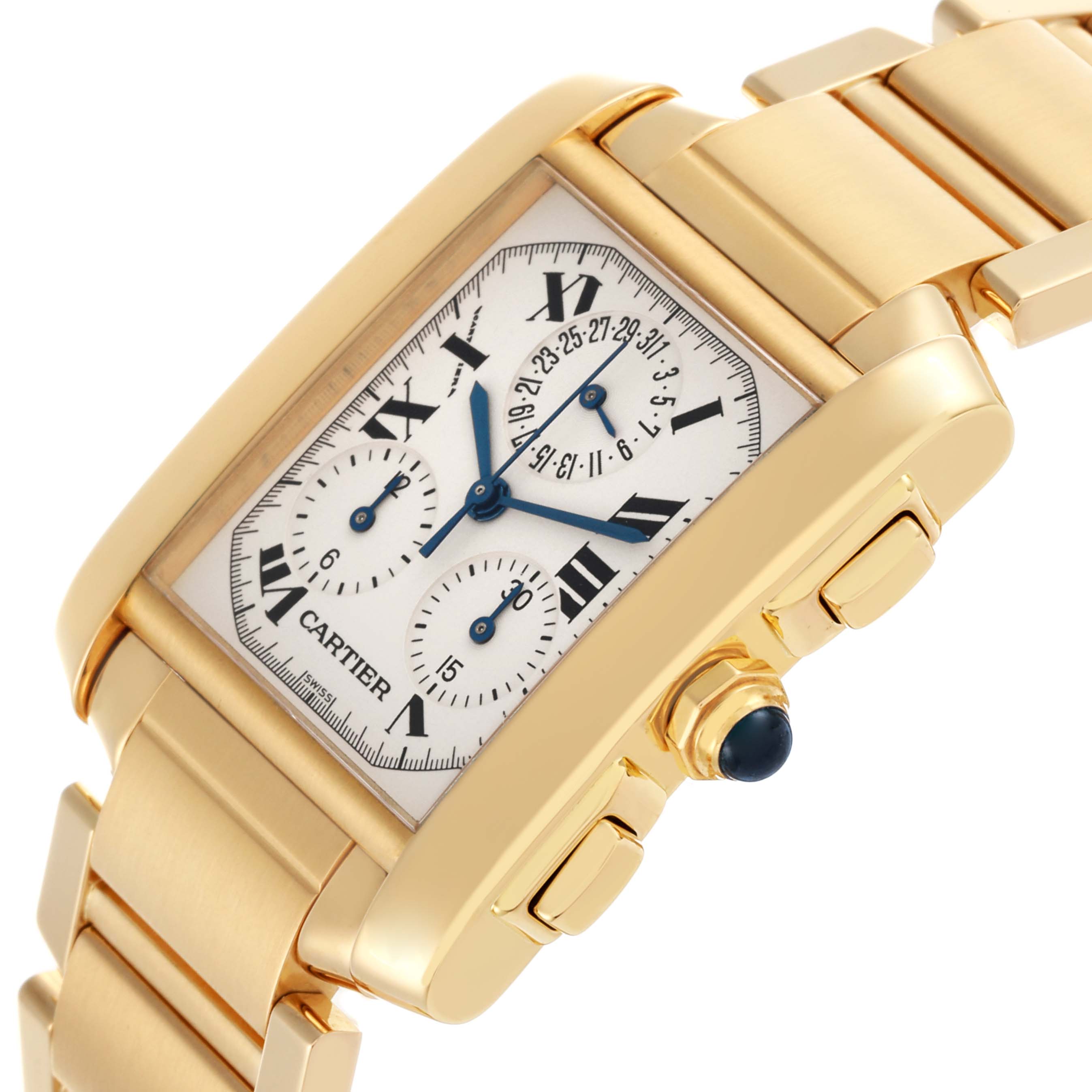 The image shows a side angle of the Cartier Tank Francaise W50005R2 Men's Yellow Gold Silver Dial W50005R2 Men's Yellow Gold Silver Dial, highlighting its rectangular case, bracelet, and crown.