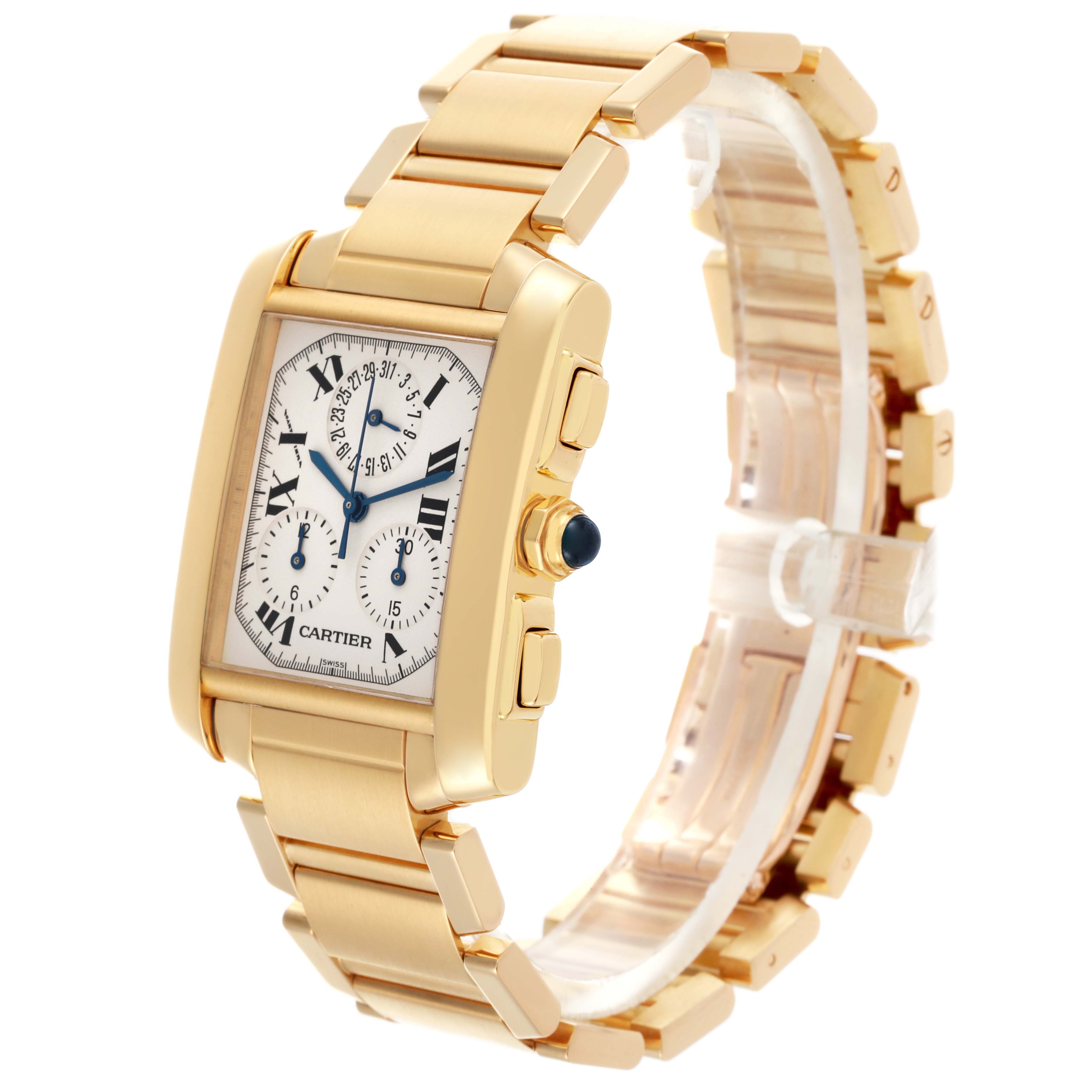 The Cartier Tank Francaise W50005R2 Men's Yellow Gold Silver Dial W50005R2 Men's Yellow Gold Silver Dial watch is displayed from a three-quarter angle, highlighting the face, crown, and bracelet.