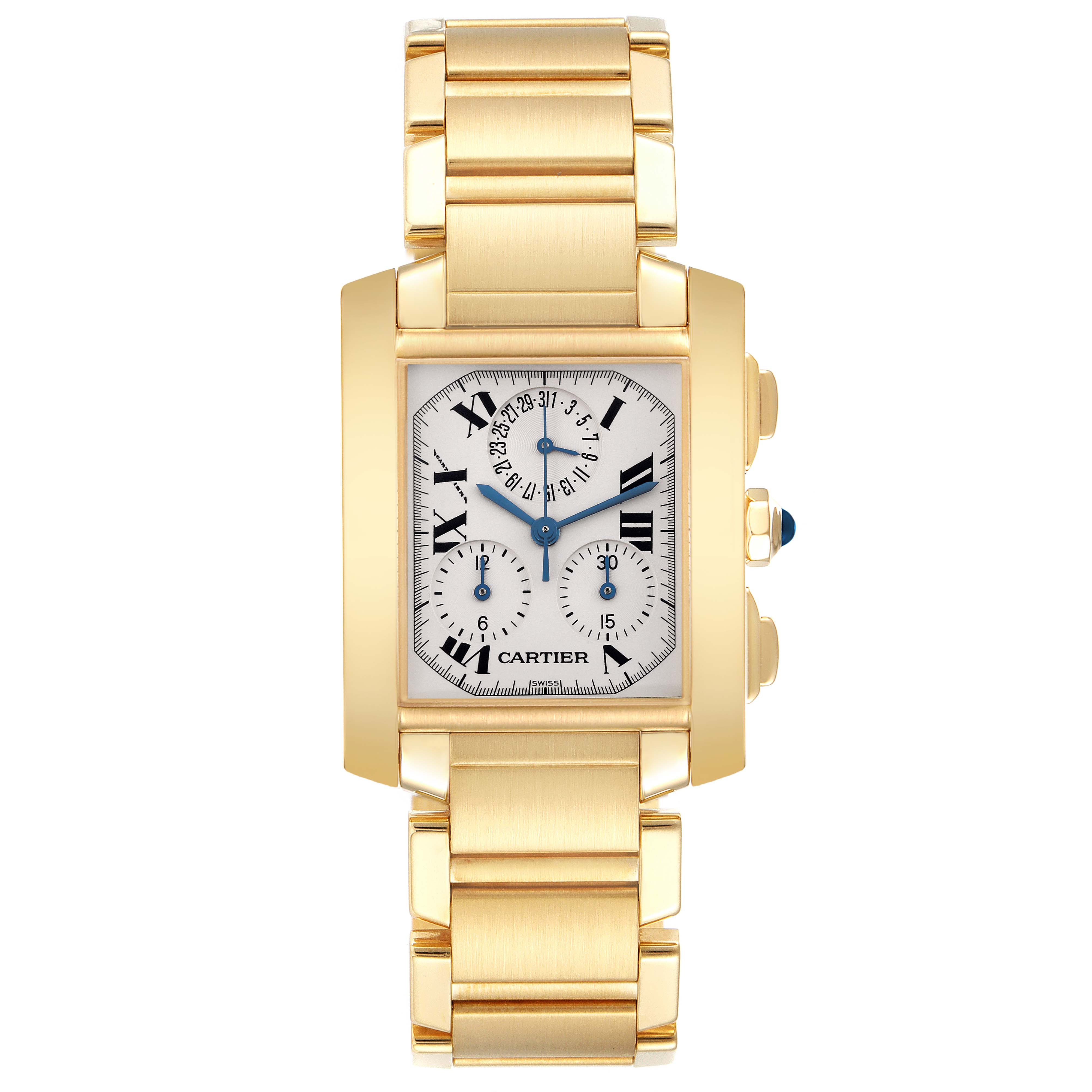 The Cartier Tank Francaise W50005R2 Men's Yellow Gold Silver Dial W50005R2 Men's Yellow Gold Silver Dial watch is shown from a front angle, highlighting the dial, crown, and bracelet.