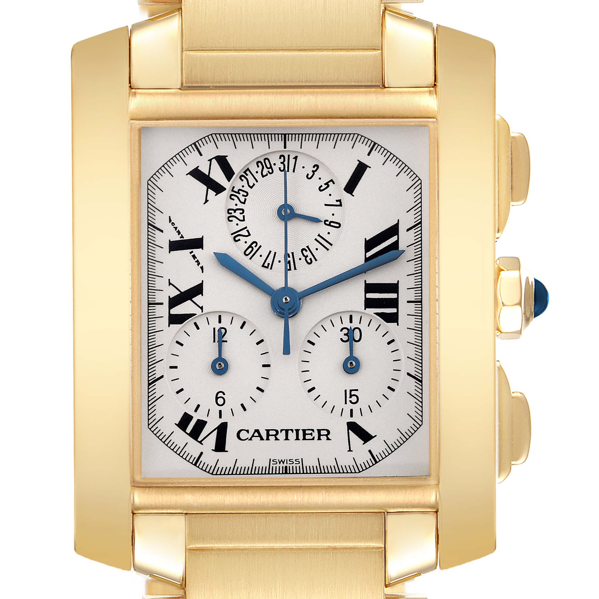 The Cartier Tank Francaise W50005R2 Men's Yellow Gold Silver Dial W50005R2 Men's Yellow Gold Silver Dial watch is shown from the front, highlighting its dial, Roman numerals, and subdials.