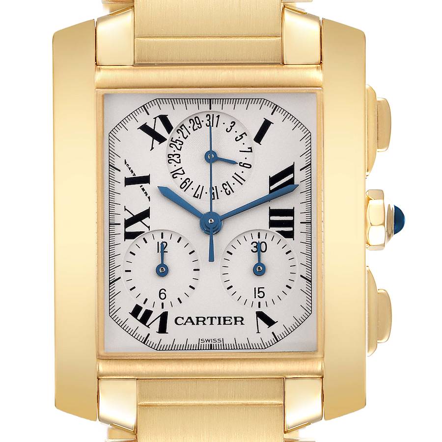 The Cartier Tank Francaise watch is shown from the front, highlighting its dial, Roman numerals, and subdials.