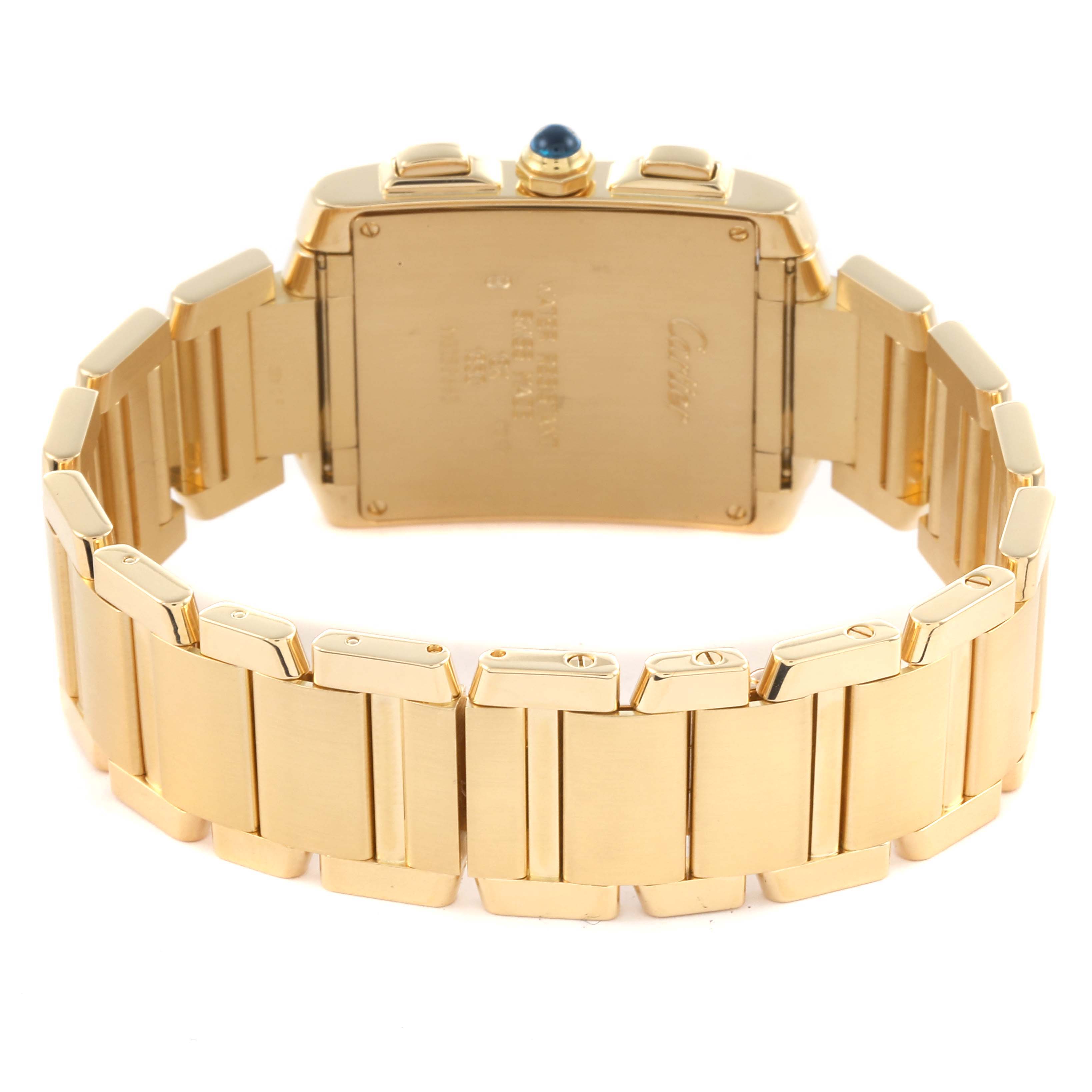 The image shows the back of the Cartier Tank Française watch, highlighting the bracelet and case back.