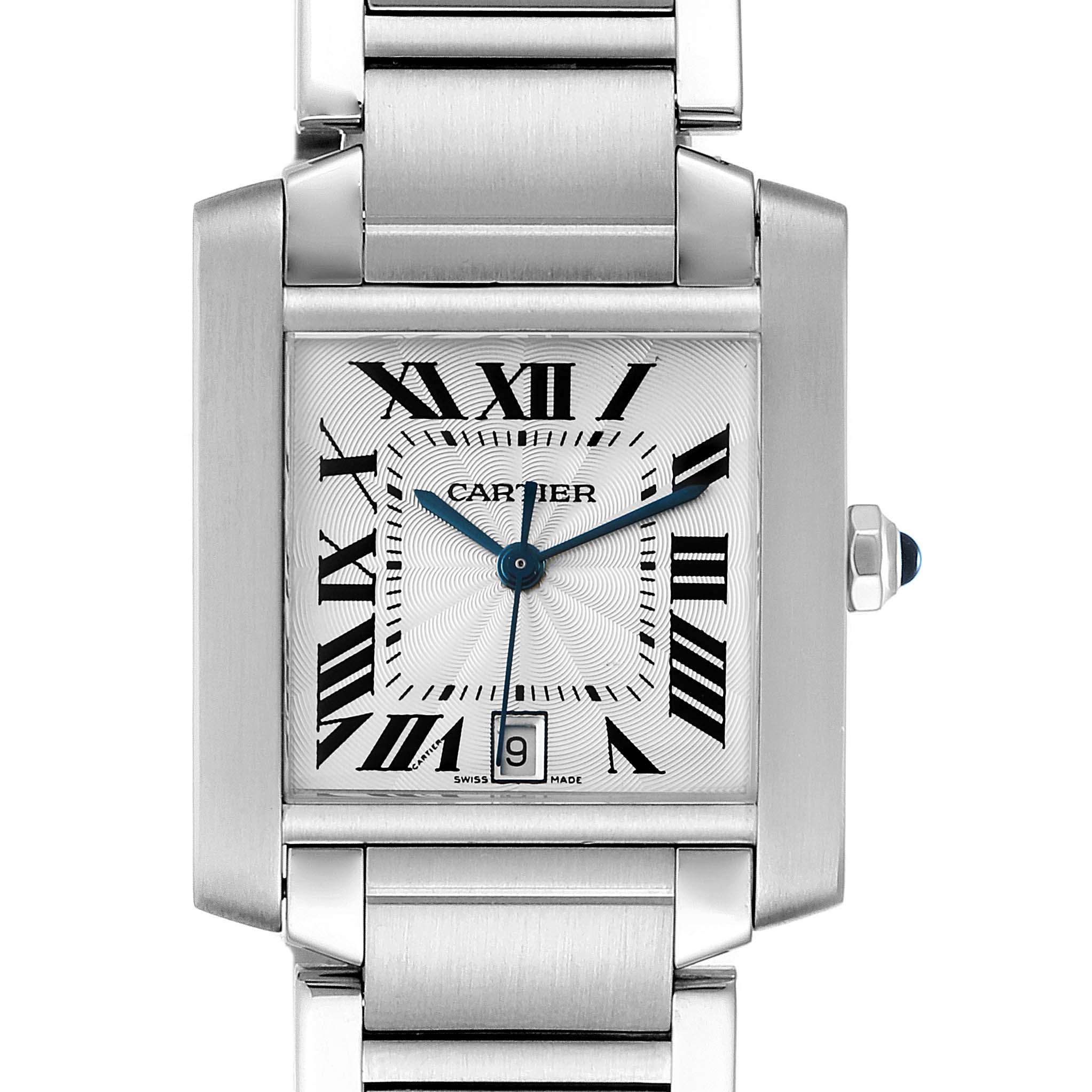 The image shows a front view of the Cartier Tank Francaise W51002Q3 Men's Stainless Steel Silver Dial W51002Q3 Men's Stainless Steel Silver Dial watch, highlighting its dial, case, crown, and part of the bracelet.