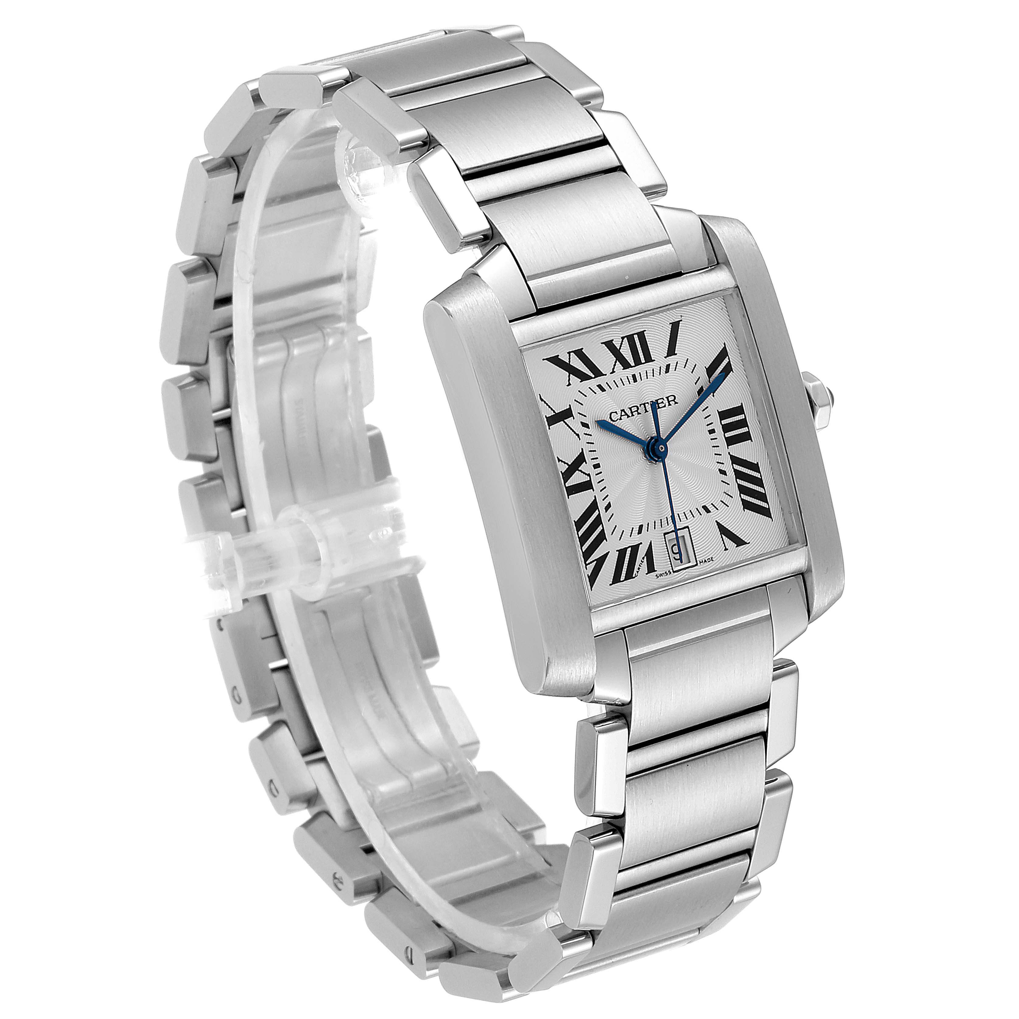 The image shows the Cartier Tank Française watch at an angle highlighting the face, bracelet, and clasp.
