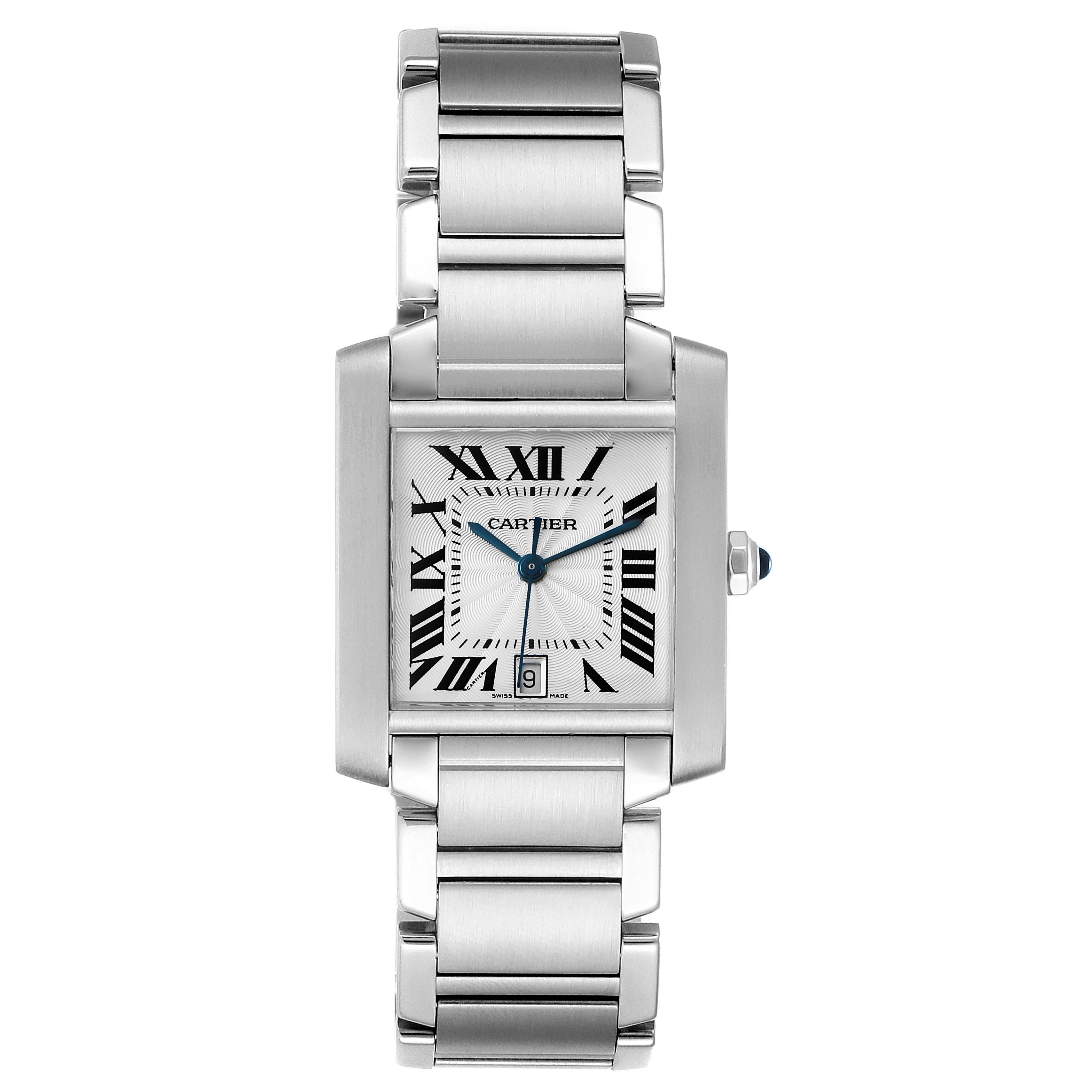 The image shows a Cartier Tank Francaise W51002Q3 Men's Stainless Steel Silver Dial W51002Q3 Men's Stainless Steel Silver Dial watch from a front angle, displaying its face, bracelet, and crown.