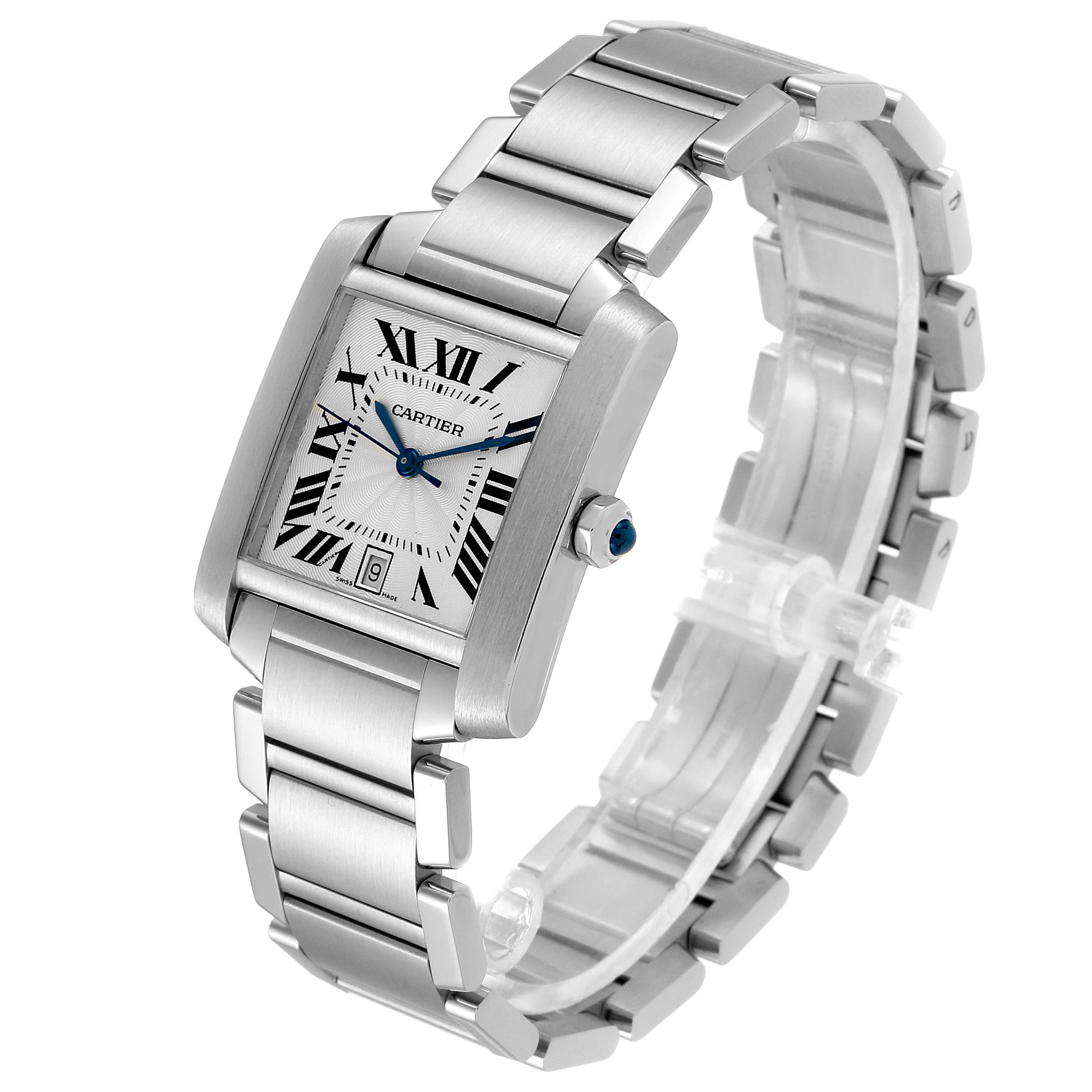 The Cartier Tank Francaise W51002Q3 Men's Stainless Steel Silver Dial W51002Q3 Men's Stainless Steel Silver Dial watch is displayed at an angle, showcasing its rectangular face, Roman numerals, date window, and metal bracelet.
