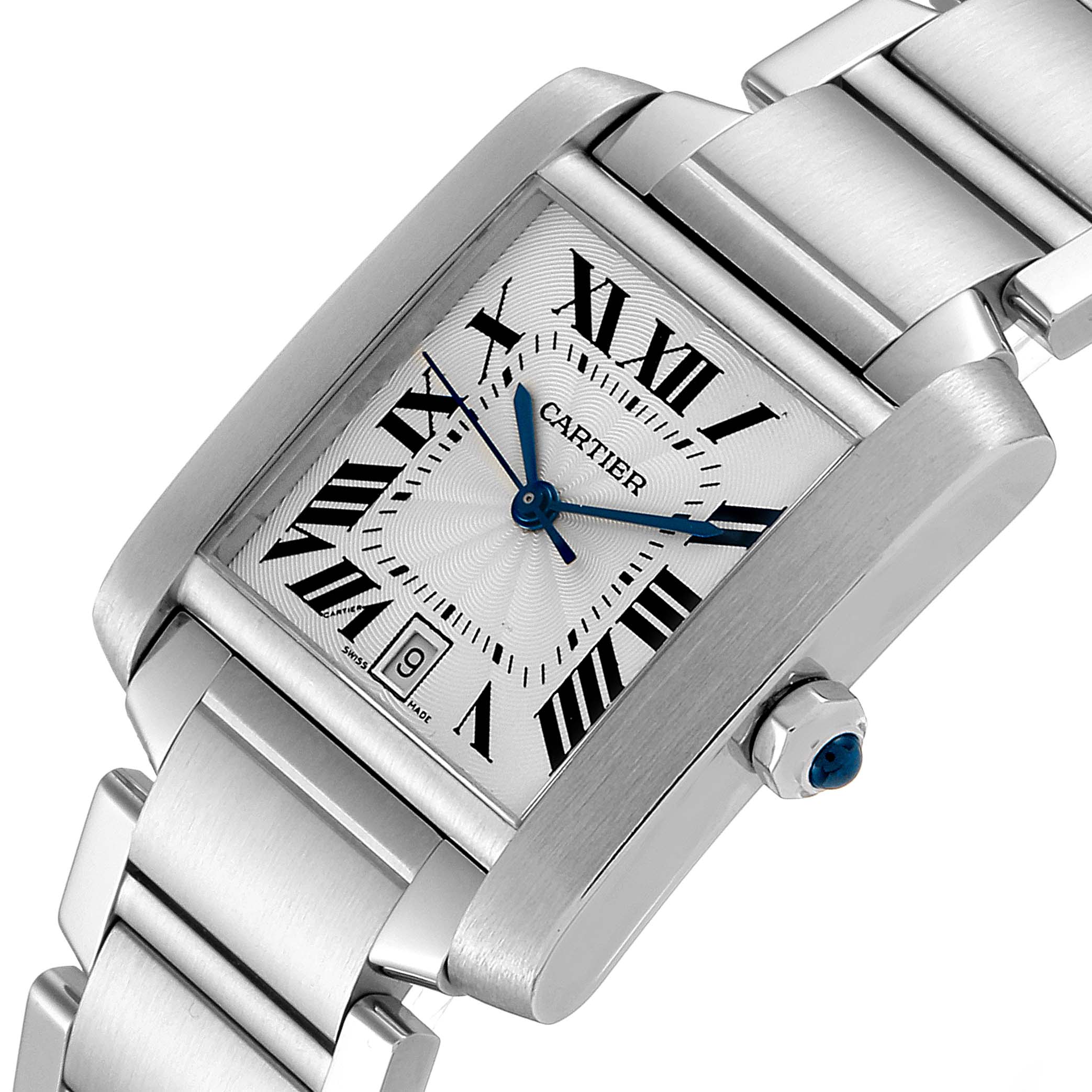 The image shows the face and part of the bracelet of a Cartier Tank Francaise W51002Q3 Men's Stainless Steel Silver Dial W51002Q3 Men's Stainless Steel Silver Dial watch, angled slightly to the side.