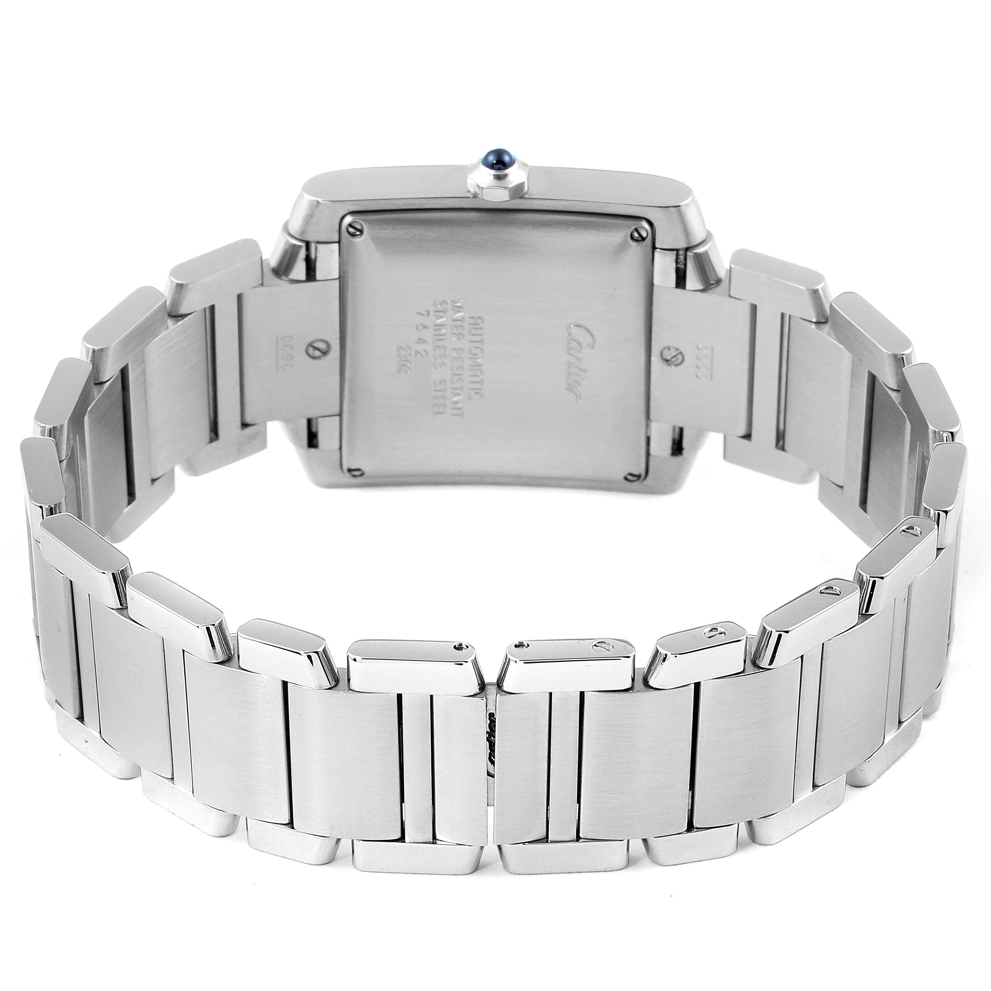 The image shows the back view of the Cartier Tank Francaise W51002Q3 Men's Stainless Steel Silver Dial W51002Q3 Men's Stainless Steel Silver Dial watch, highlighting its case back and bracelet.